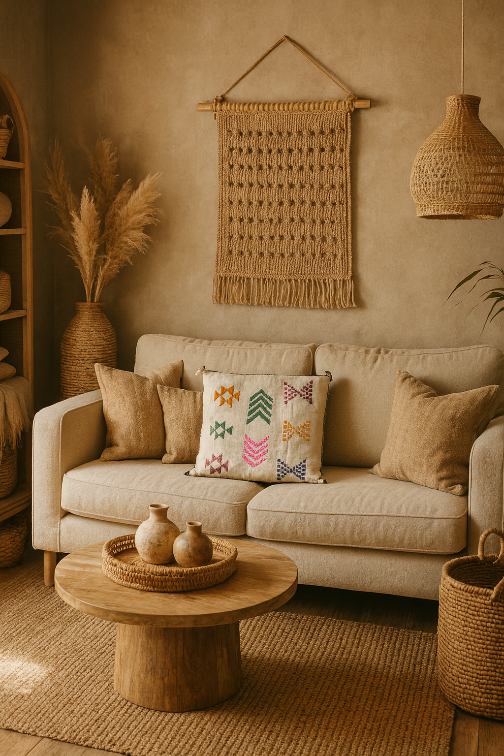 Moroccan Beige Wool Pillowcase w/Neon Colored Accents 1.71' x 1.75'