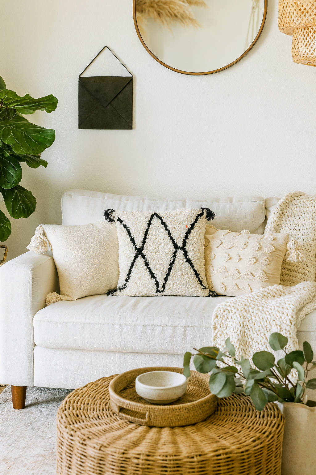 Moroccan Beige Shag Wool Pillowcase w/Black Diamond Pattern 1.5' x 1.63'