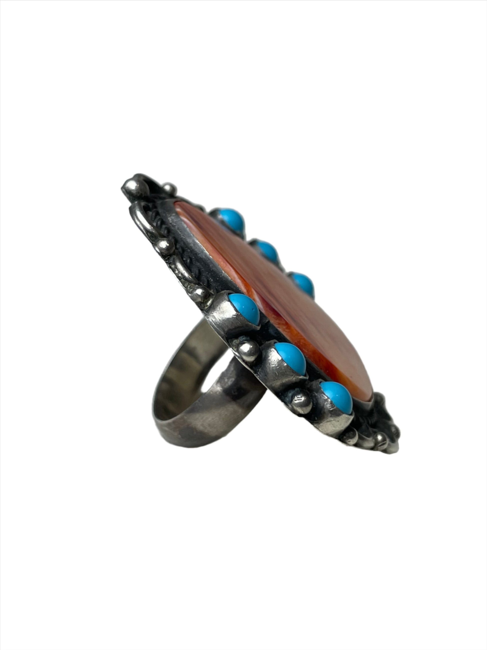 Vintage Large Orange Spiny Oyster Shell Turquoise Ring Sz 8