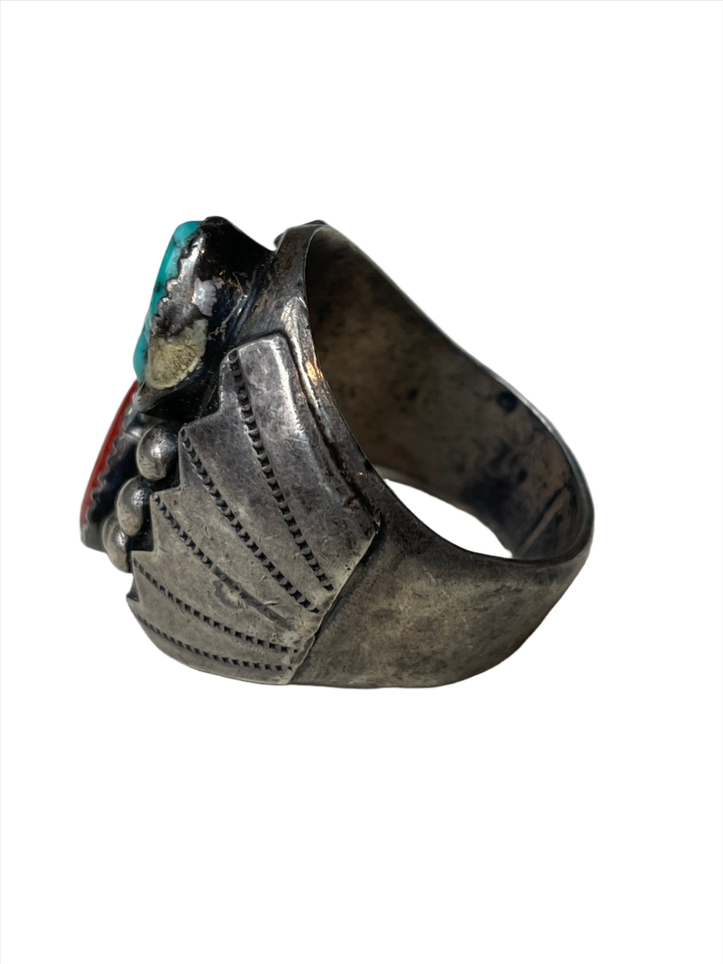 Vintage Turquoise & Coral Sterling Men's Ring Sz 12 1/2