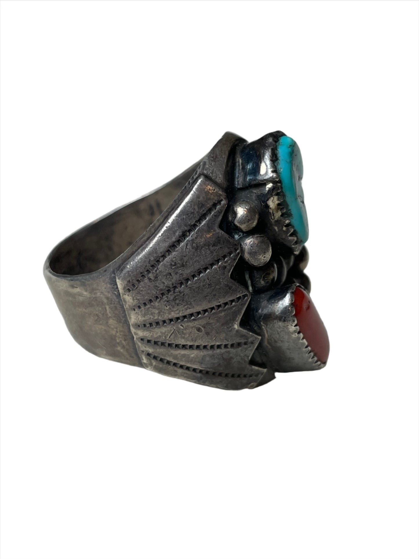 Vintage Turquoise & Coral Sterling Men's Ring Sz 12 1/2