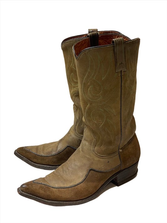 1960s Vintage Acme Suede Two-Tone w Turquoise Stitch Boots Sz 9