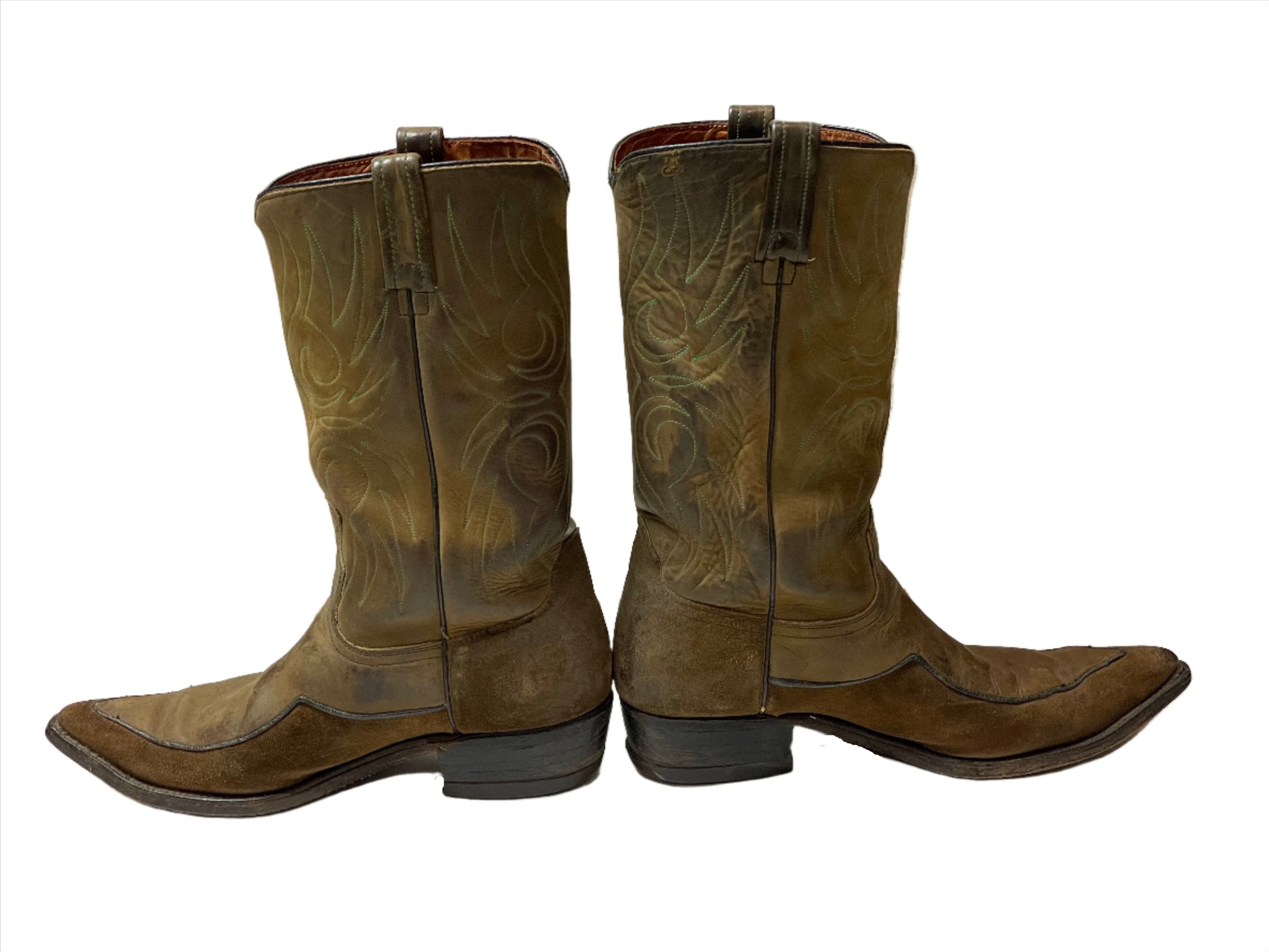 1960s Vintage Acme Suede Two-Tone w Turquoise Stitch Boots Sz 9