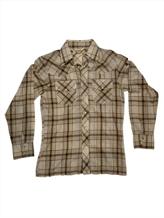 '70s Vintage Levi's Brown Plaid Thin Pearl Snap - Sml