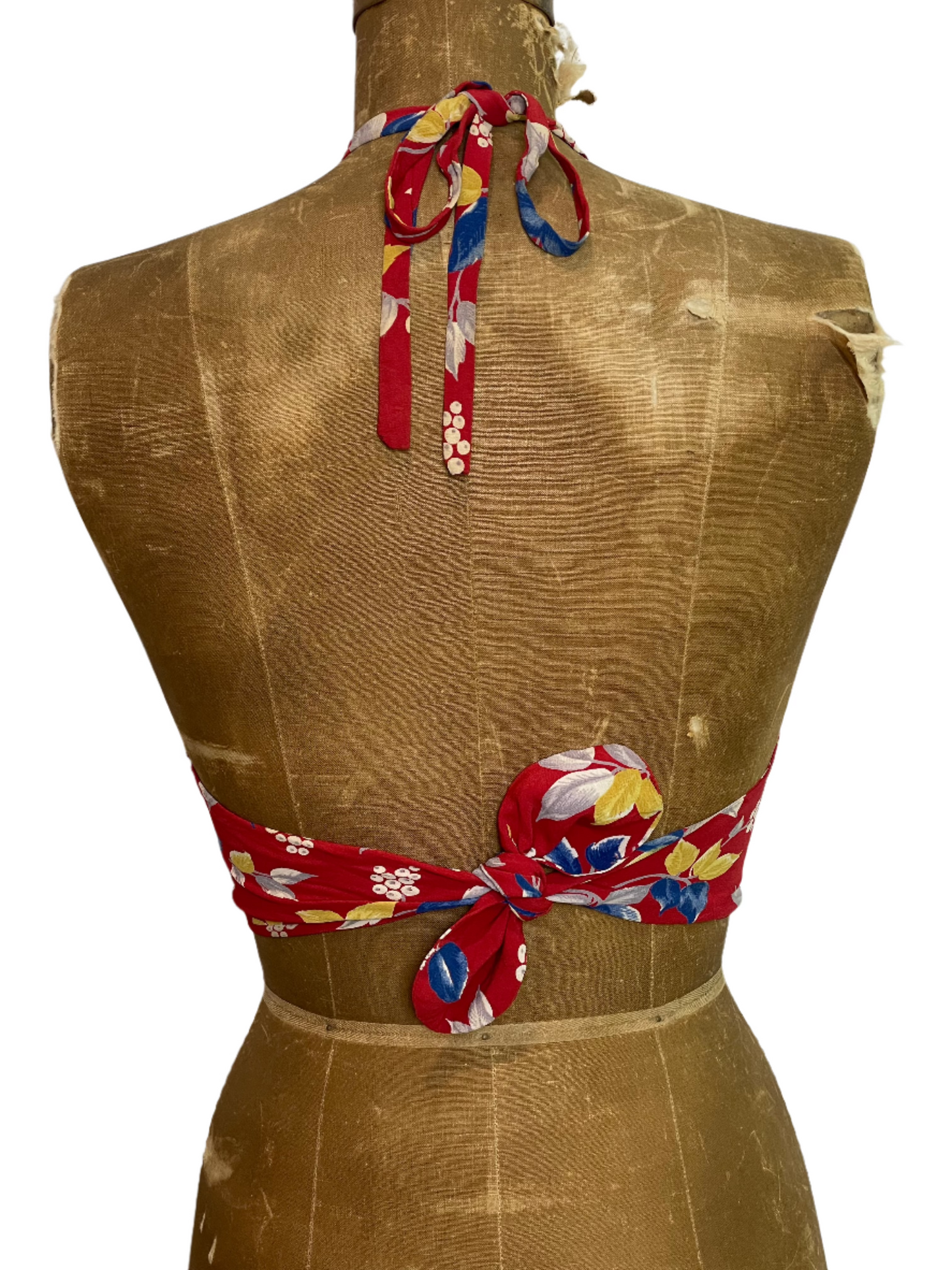 '40s Vintage Rayon Crepe Red Floral Halter Top - XXS