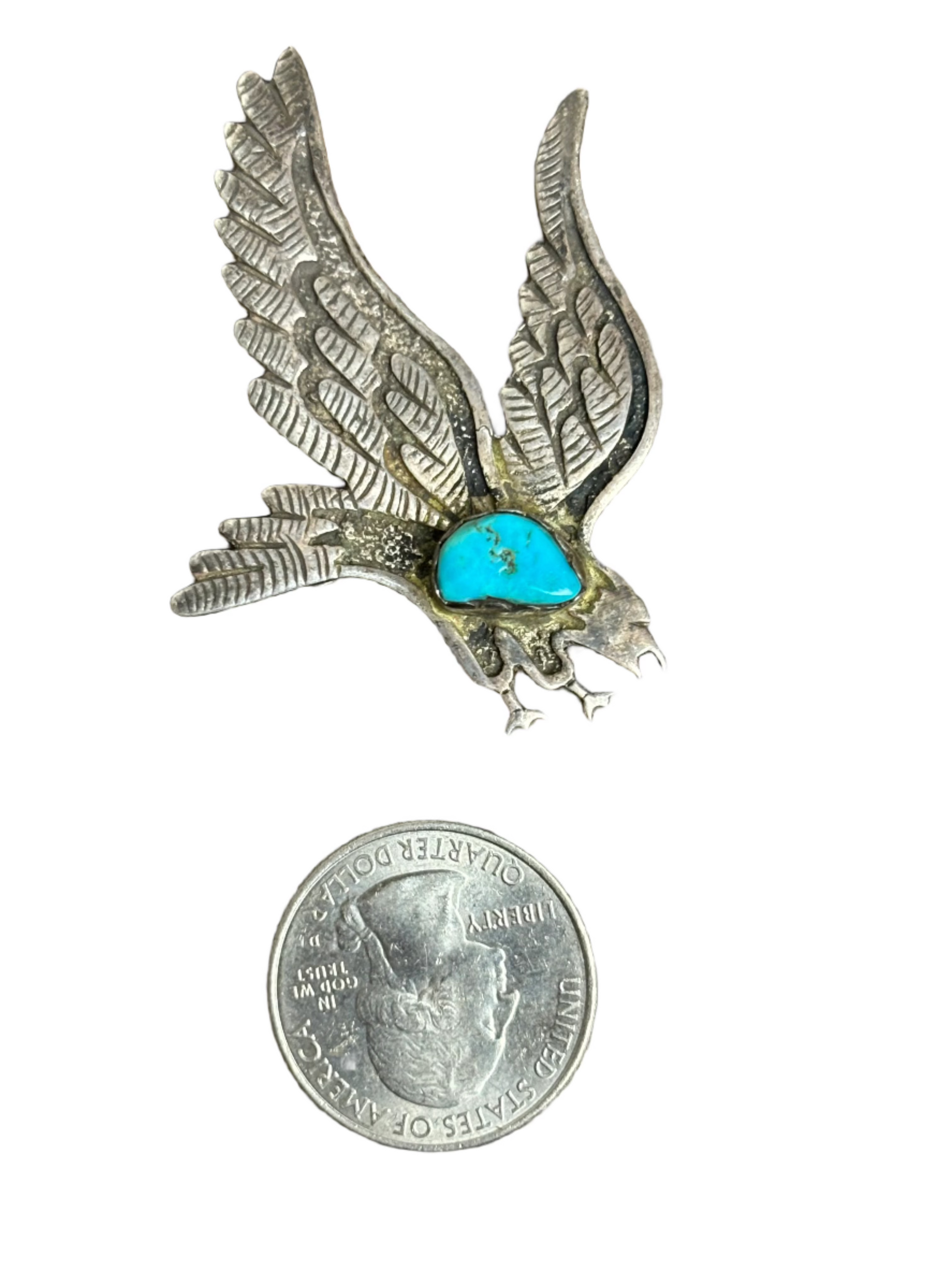 Vintage Sterling Diving Hawk/Eagle Pin w Turquoise
