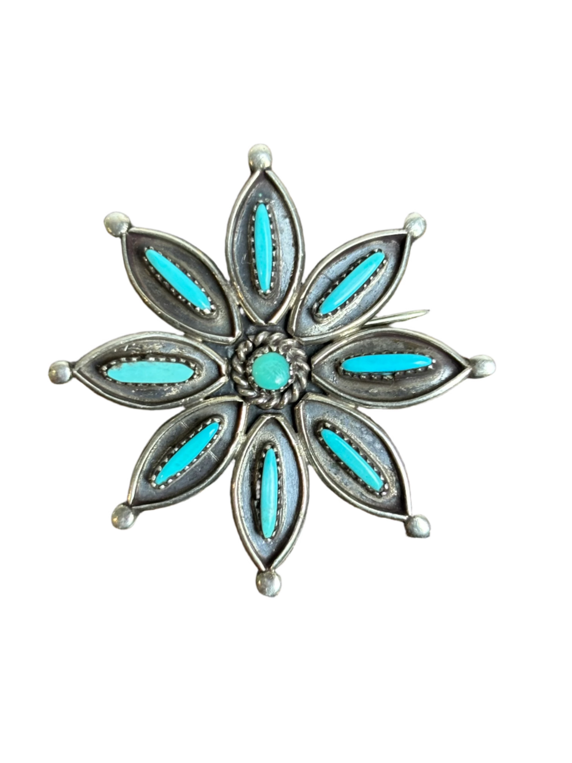 Vintage J.R.C Zuni Sandcast Flower w Turquoise Pin