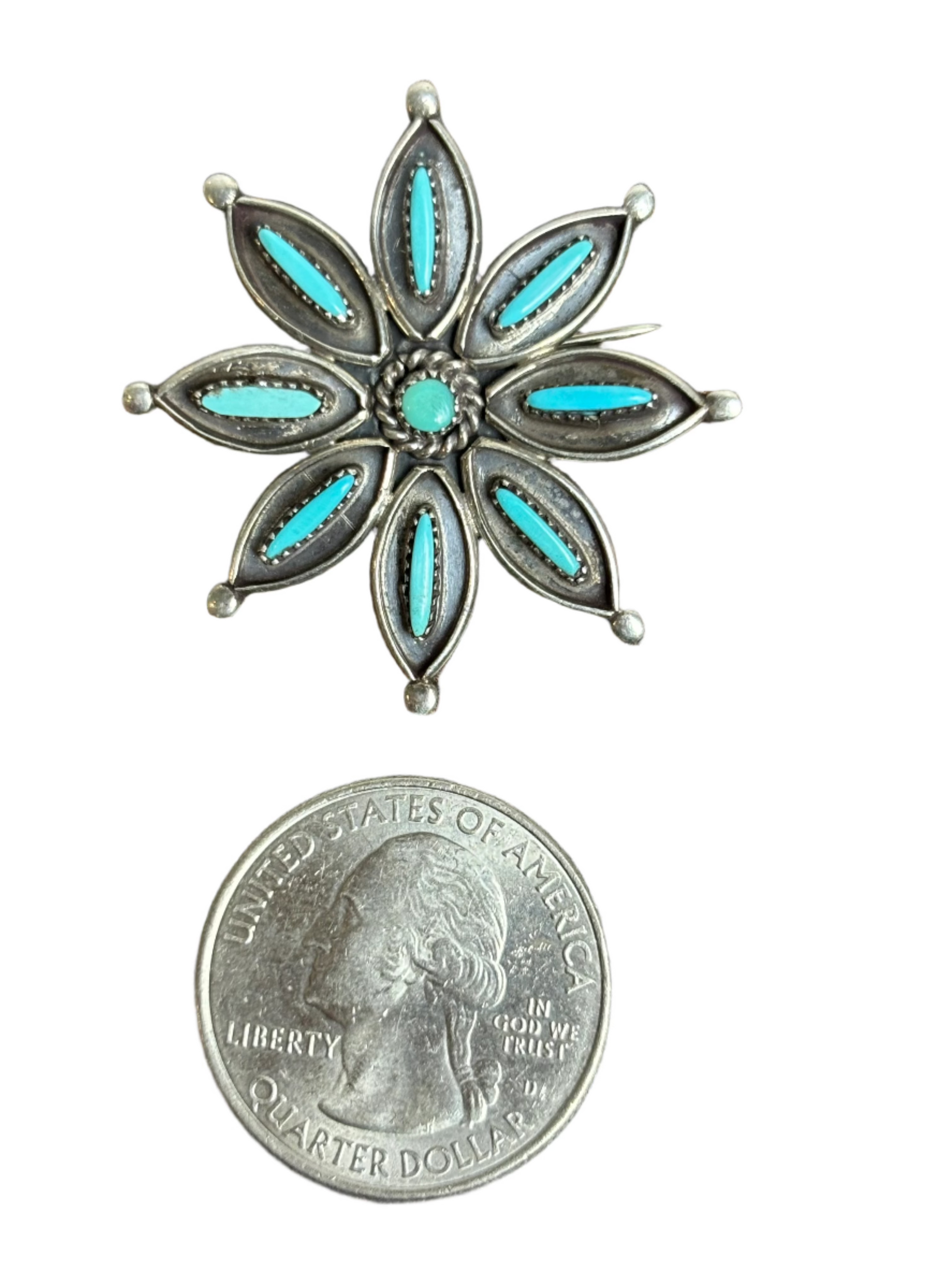 Vintage J.R.C Zuni Sandcast Flower w Turquoise Pin