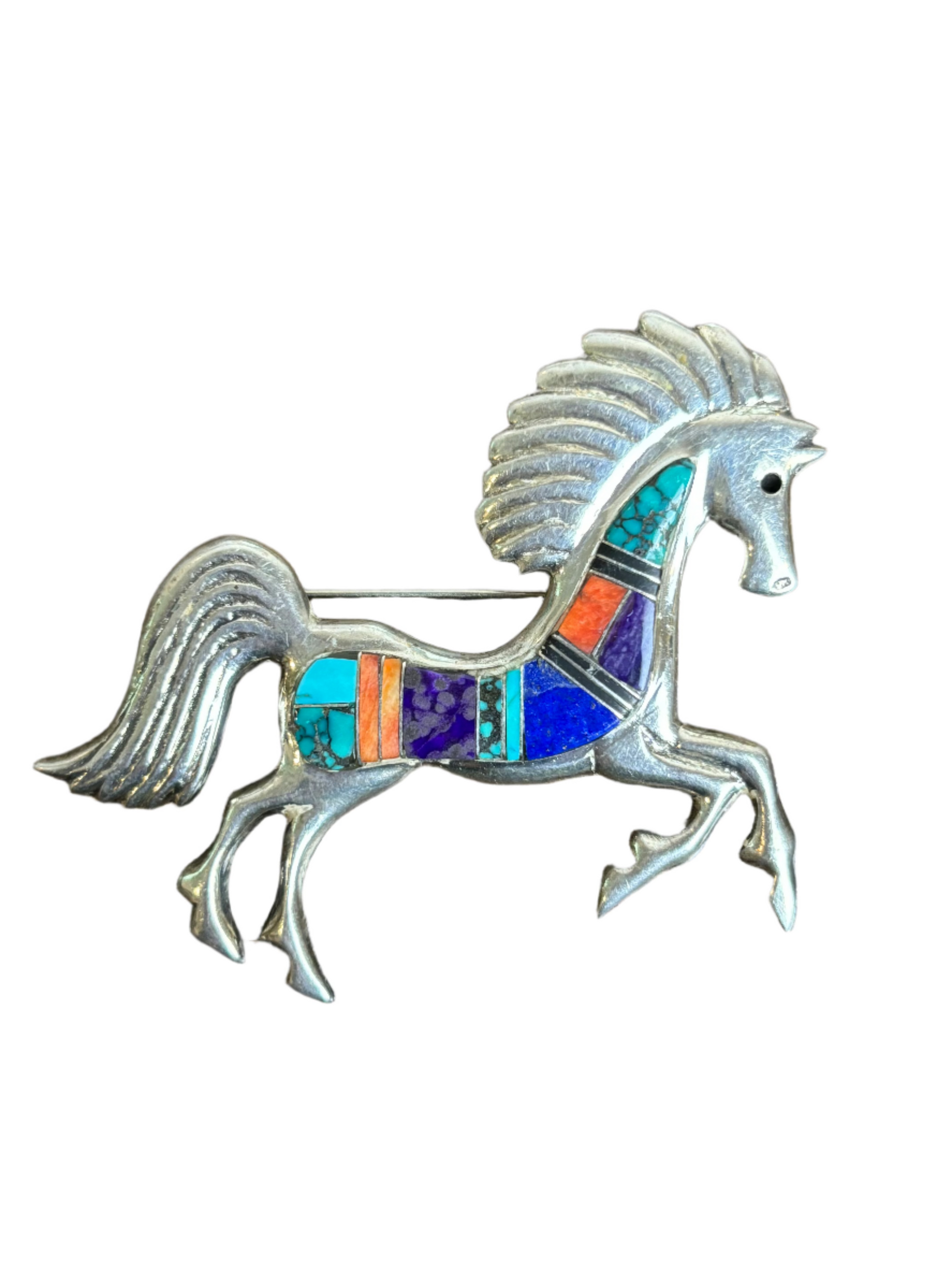 Vintage Navajo F. Chee Jine Sterling Horse Inlay Pin