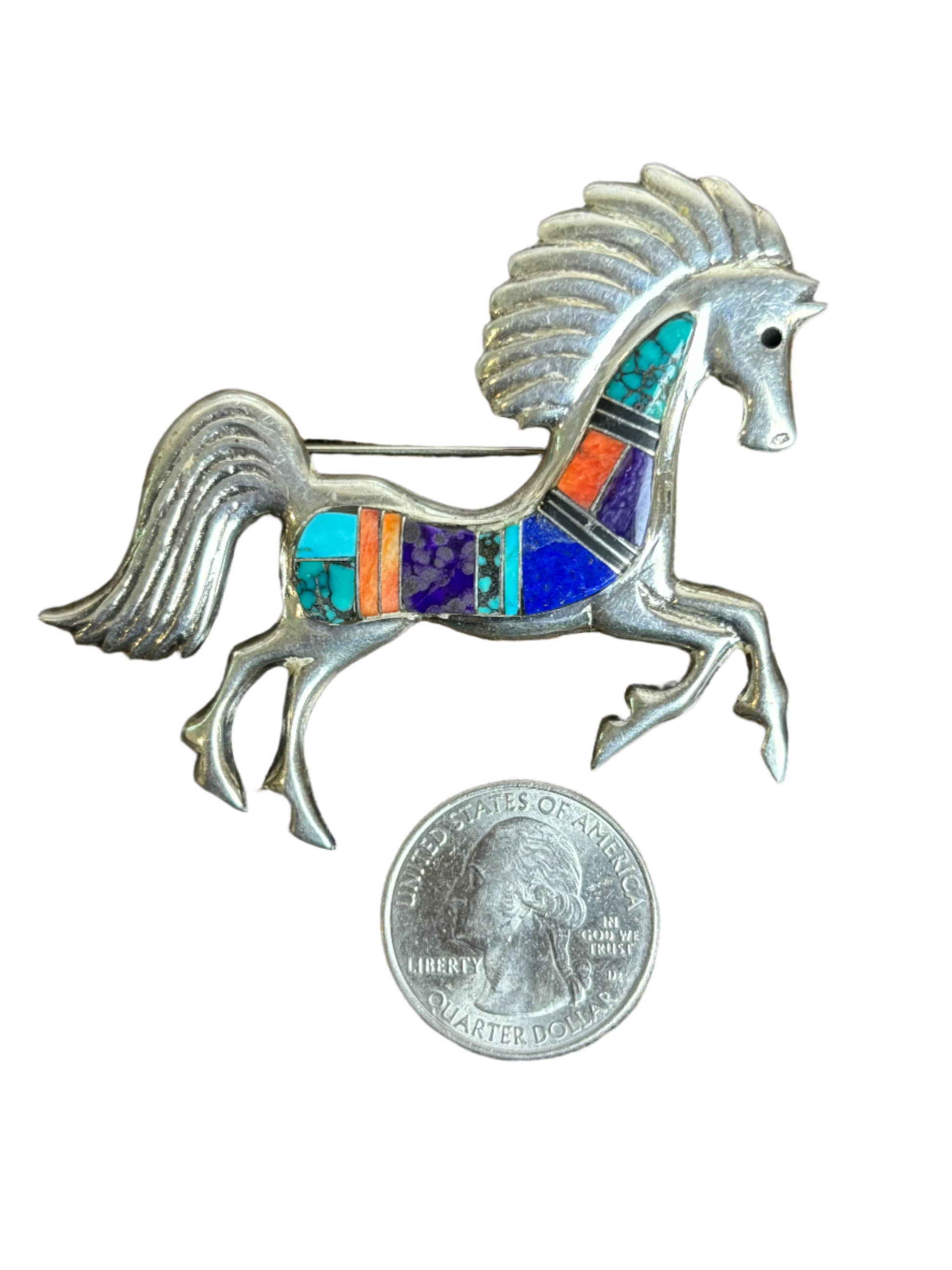Vintage Navajo F. Chee Jine Sterling Horse Inlay Pin