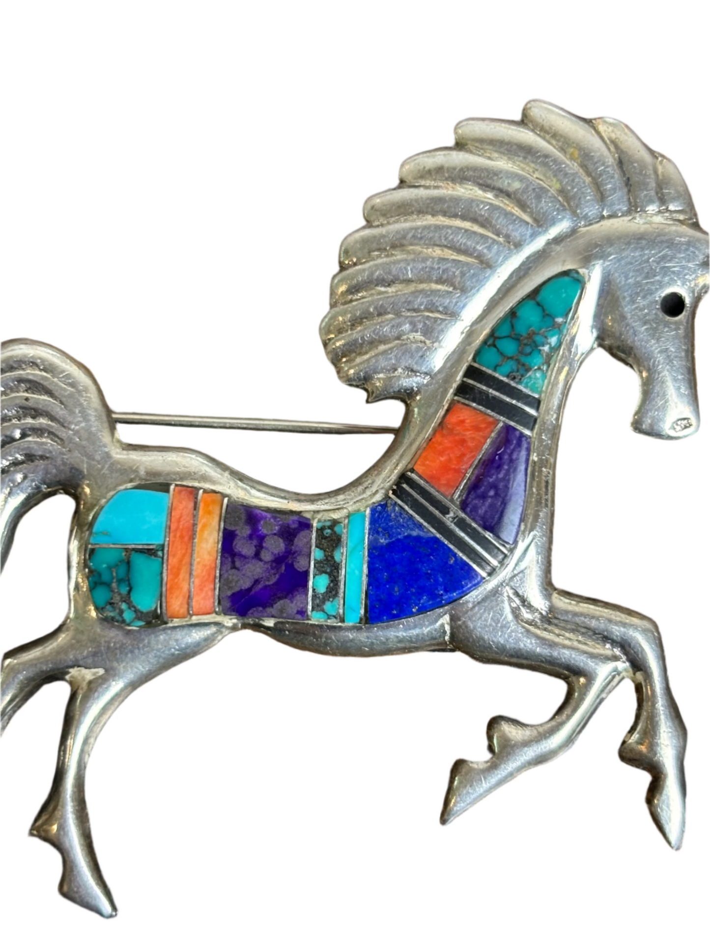 Vintage Navajo F. Chee Jine Sterling Horse Inlay Pin