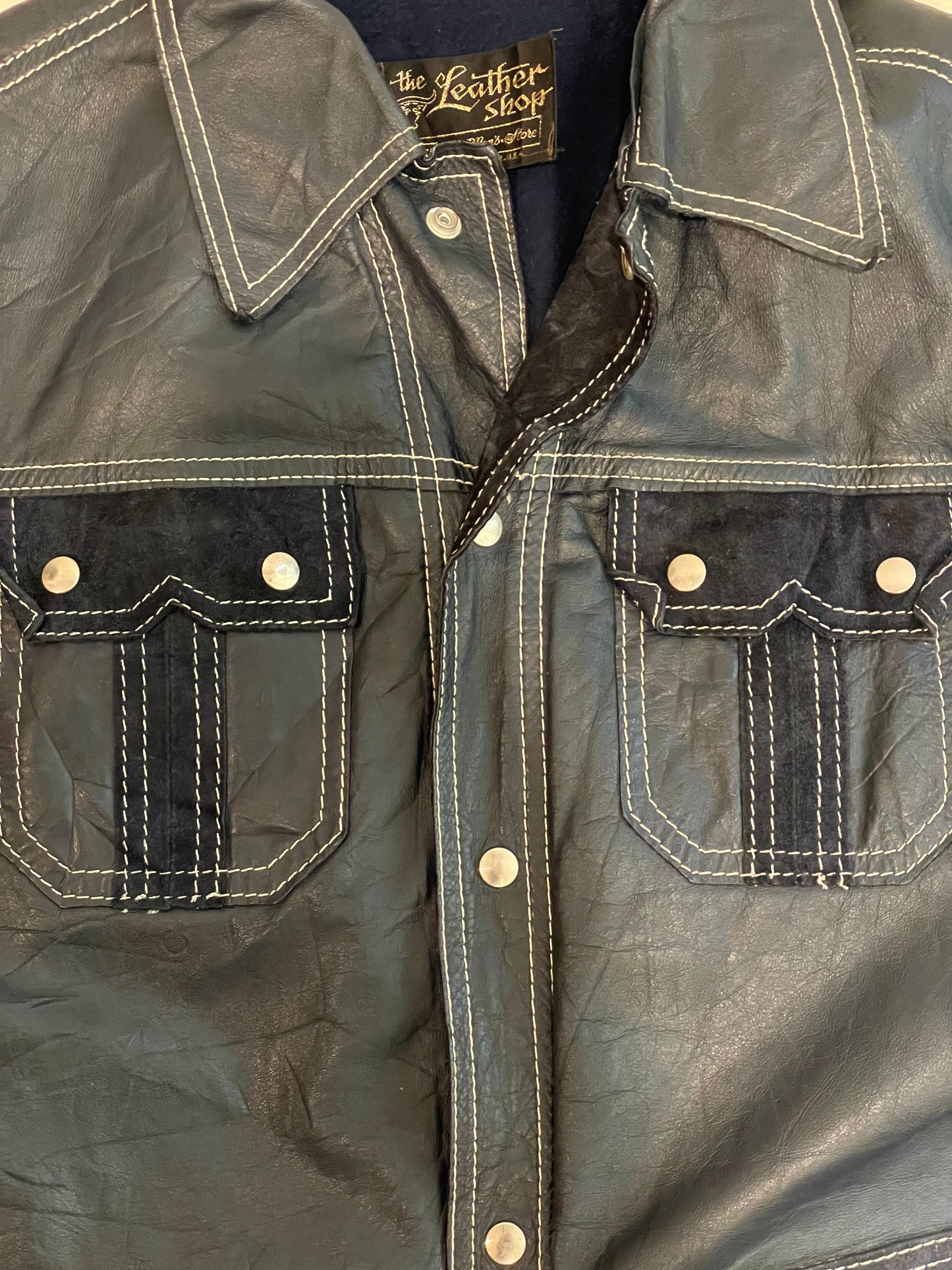 '70s Vintage Dark Blue Leather Jacket w/White Stitching - XL