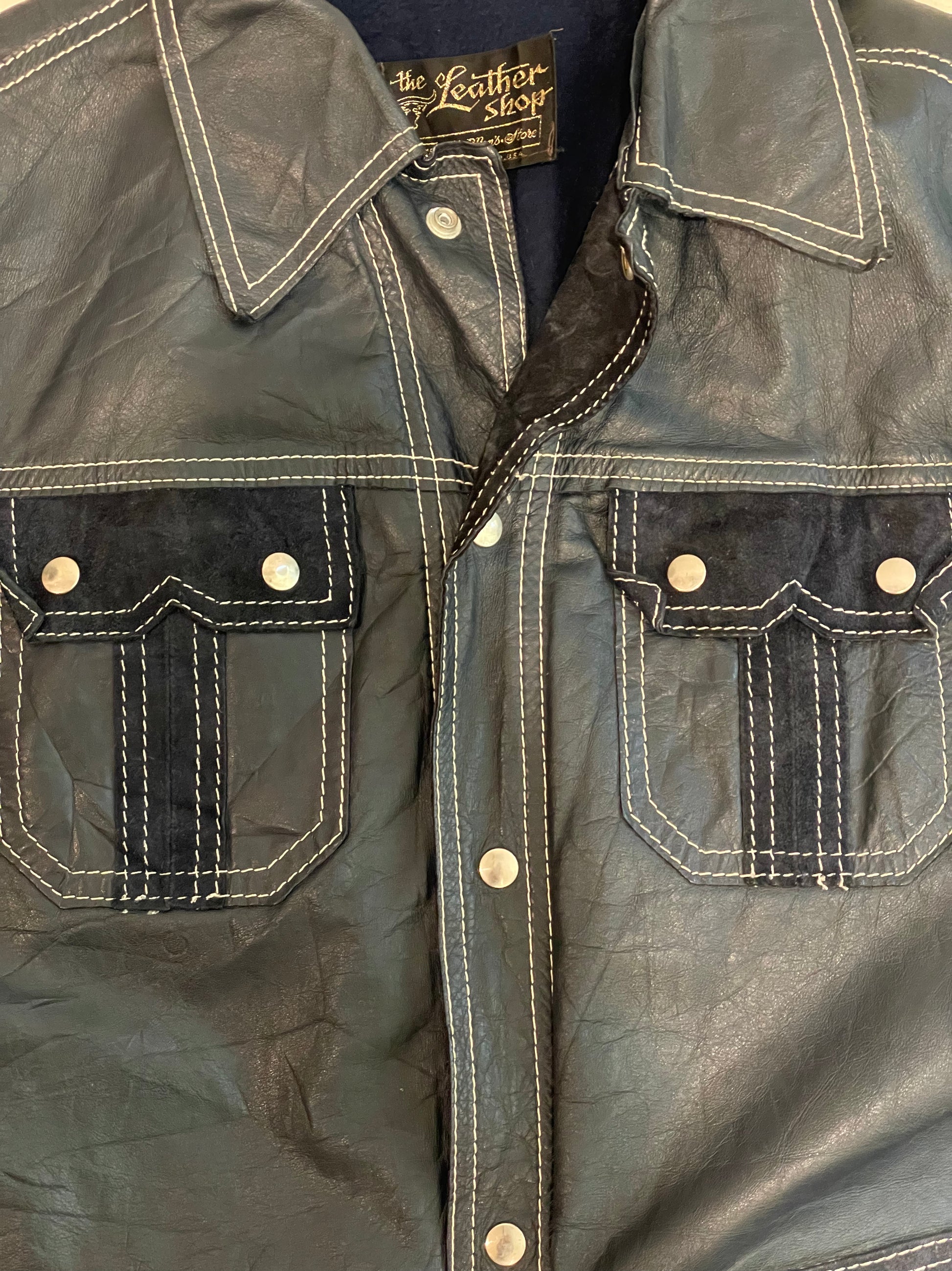 '70s Vintage Dark Blue Leather Jacket w/White Stitching - XL