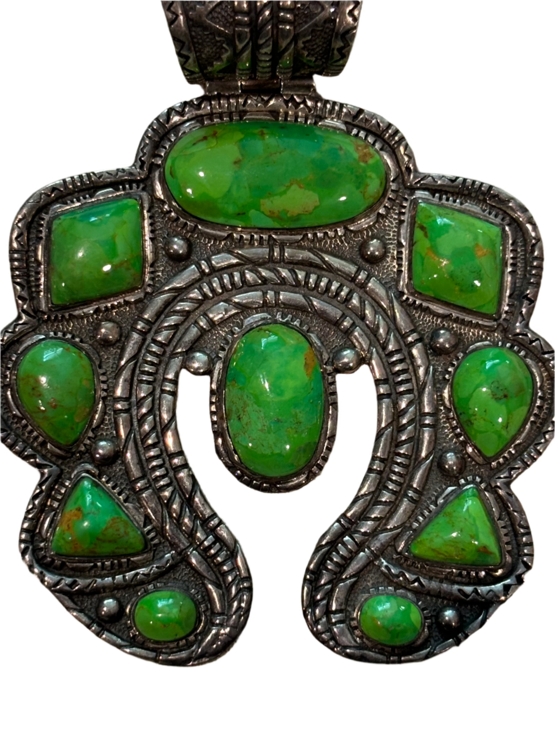 Vintage Giant Naja Green Sonoran Gold Squash Blossom Pendant by CN
