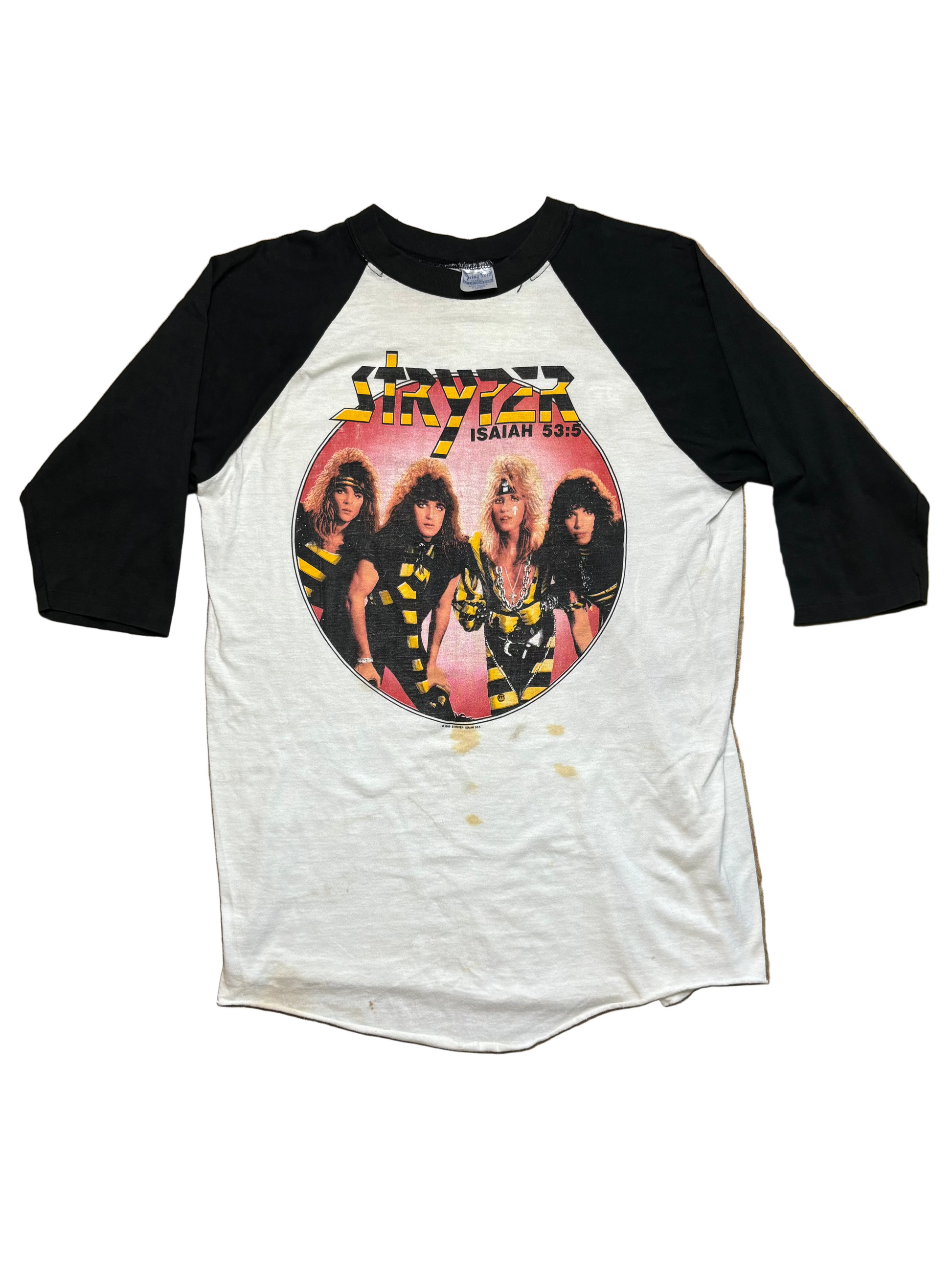 1986 Vintage Wht/Blk Stryper "Isaiah 53:5" T-Shirt - MED