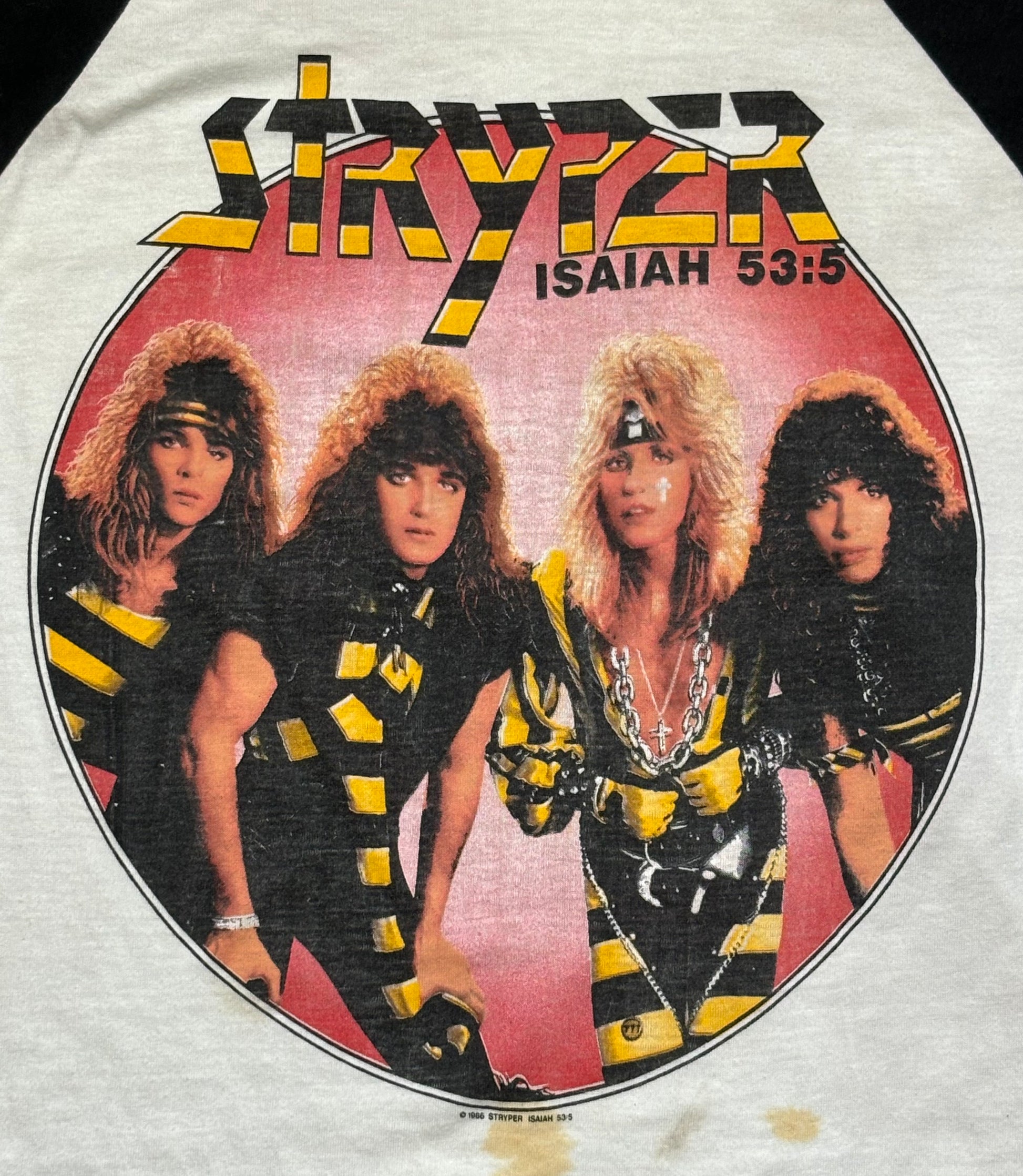 1986 Vintage Wht/Blk Stryper "Isaiah 53:5" T-Shirt - MED