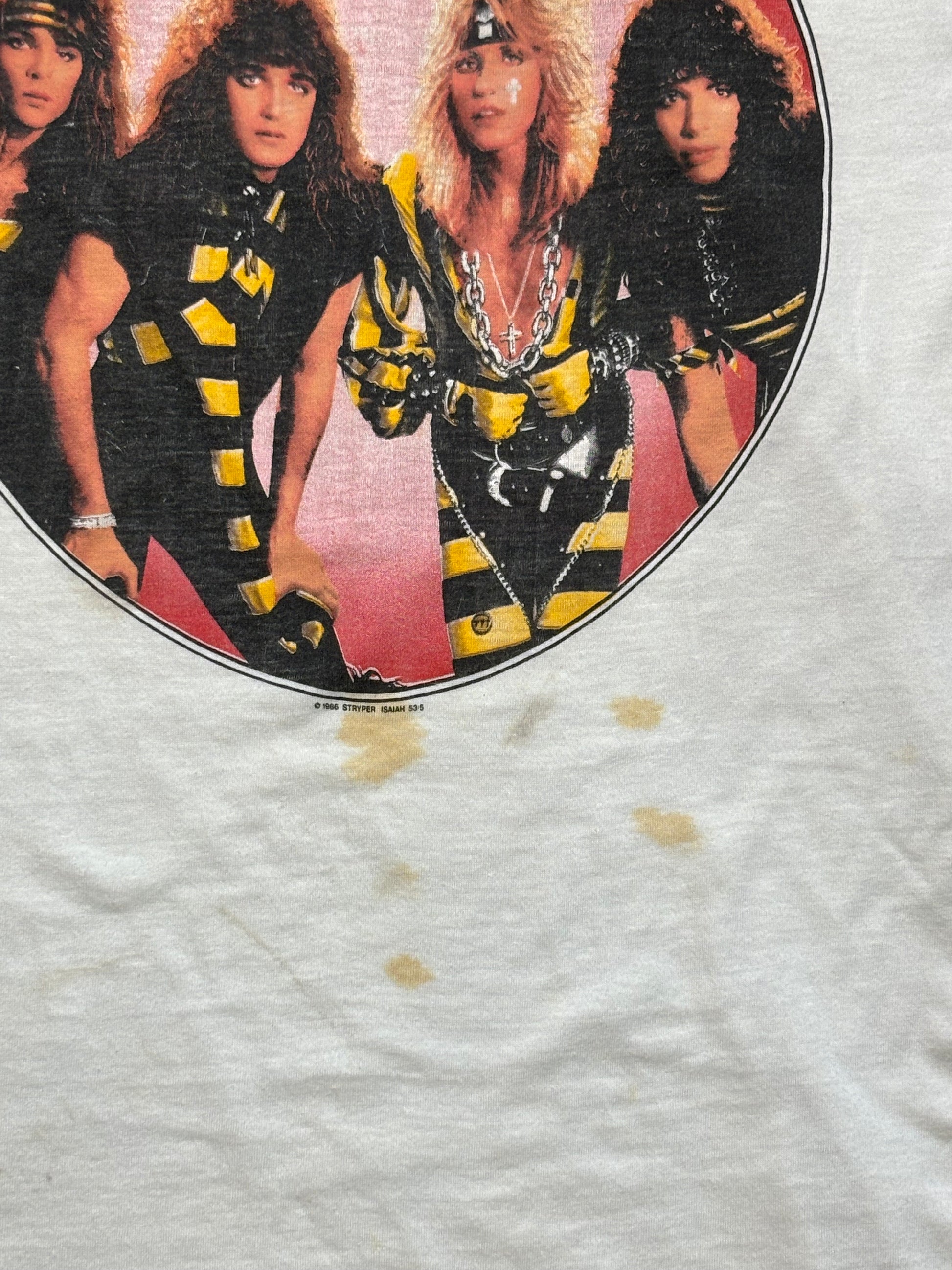 1986 Vintage Wht/Blk Stryper "Isaiah 53:5" T-Shirt - MED