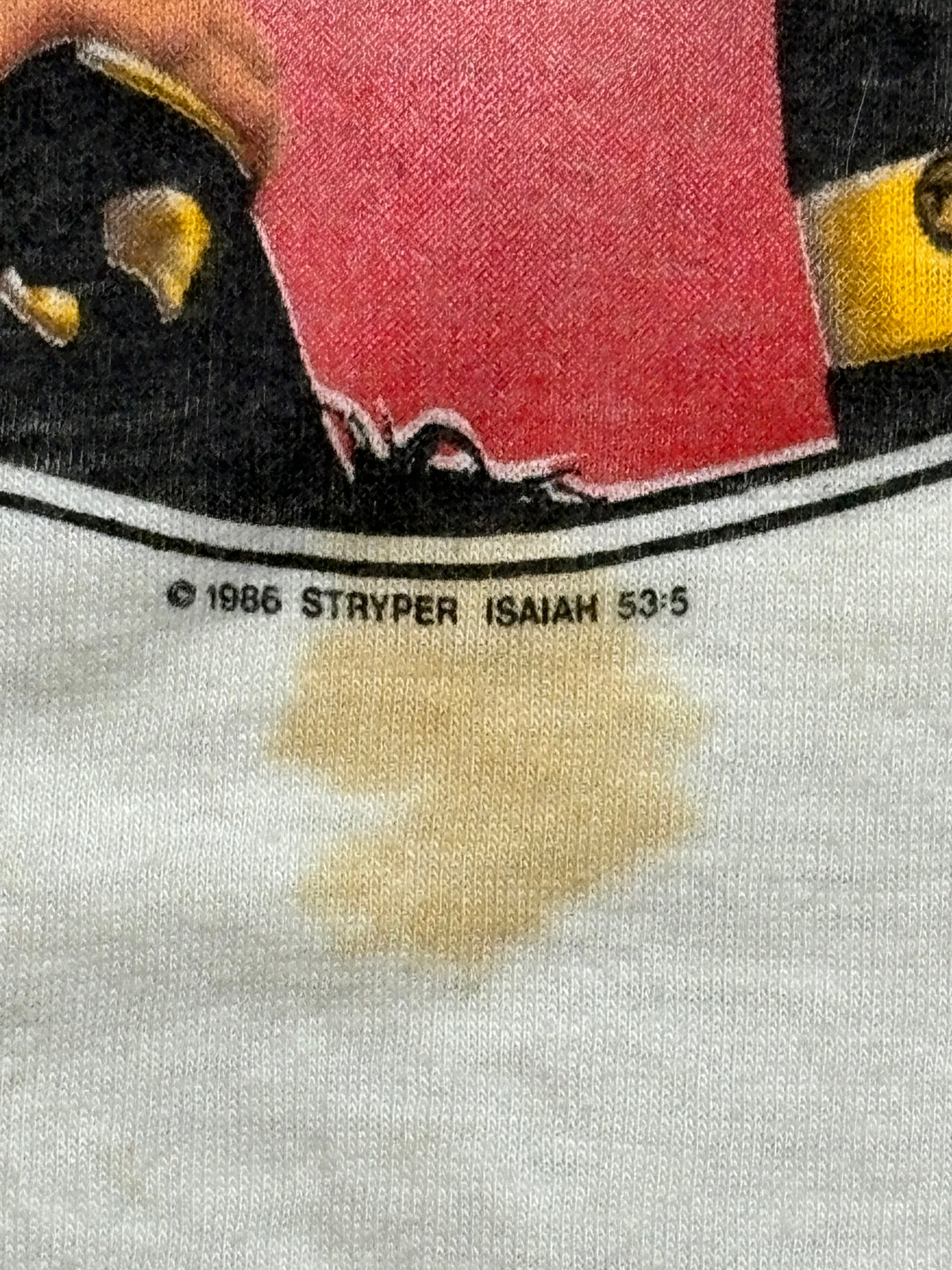 1986 Vintage Wht/Blk Stryper "Isaiah 53:5" T-Shirt - MED