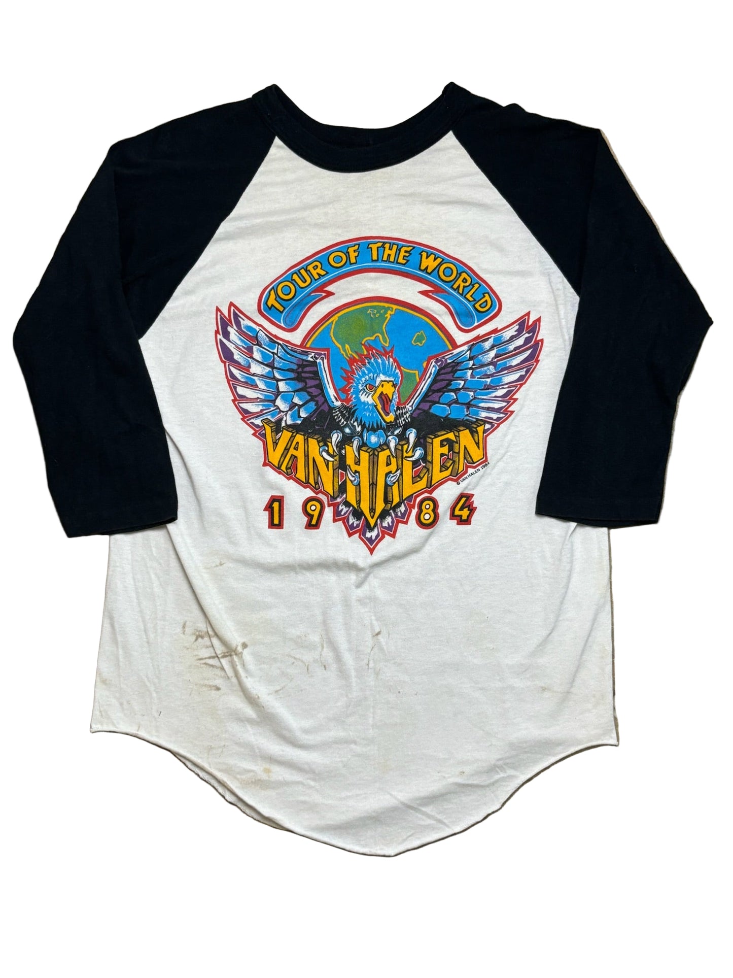 1984 Vintage White/Black Van Halen Tour of the World Raglan T-Shirt - MED