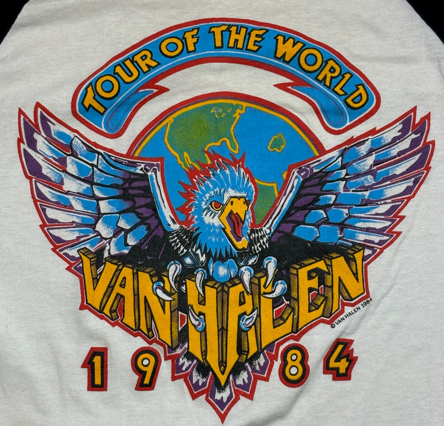1984 Vintage White/Black Van Halen Tour of the World Raglan T-Shirt - MED