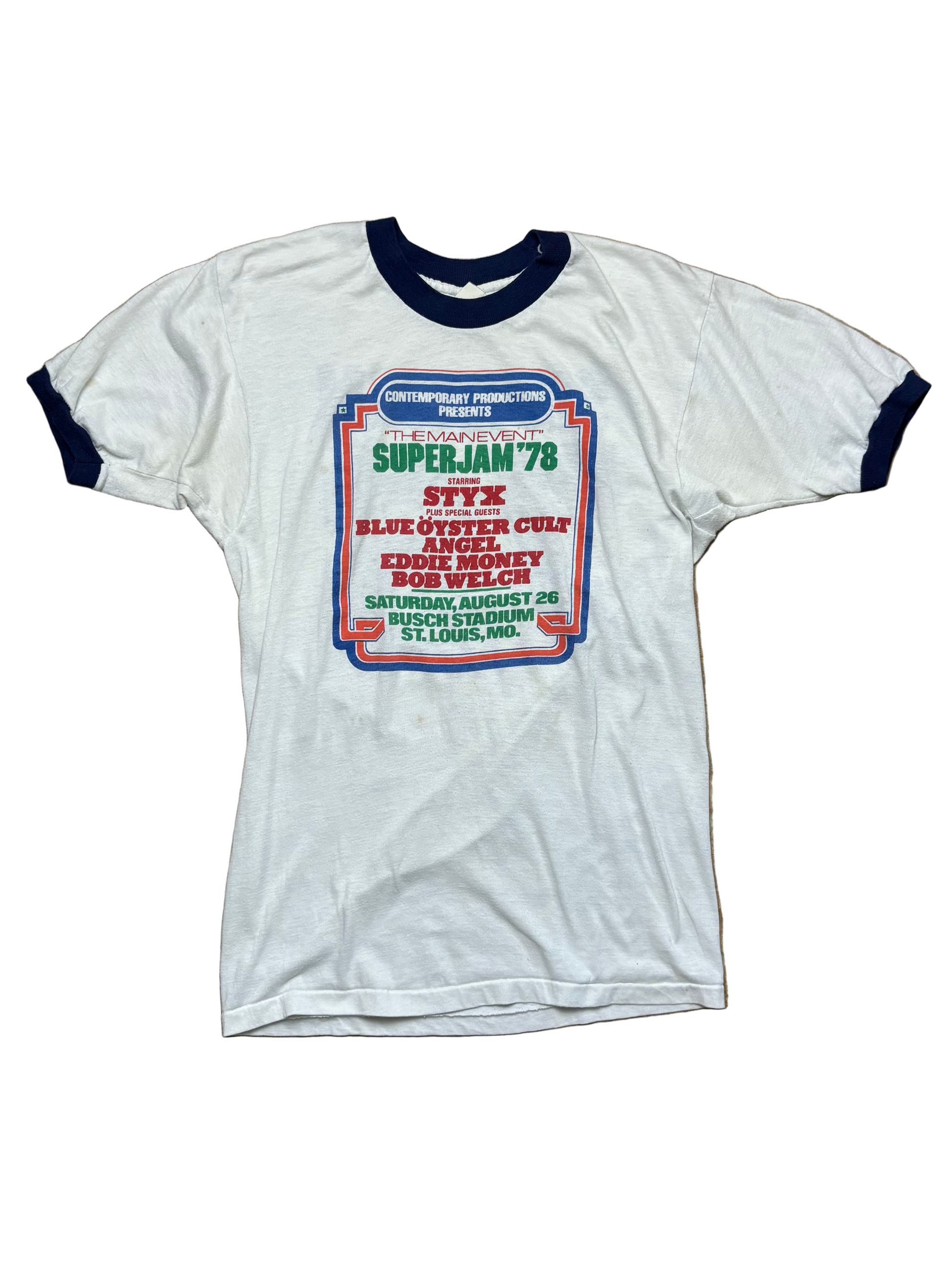 1978 Vintage White/Blue Super Jam Styx Ringer T-Shirt - XS