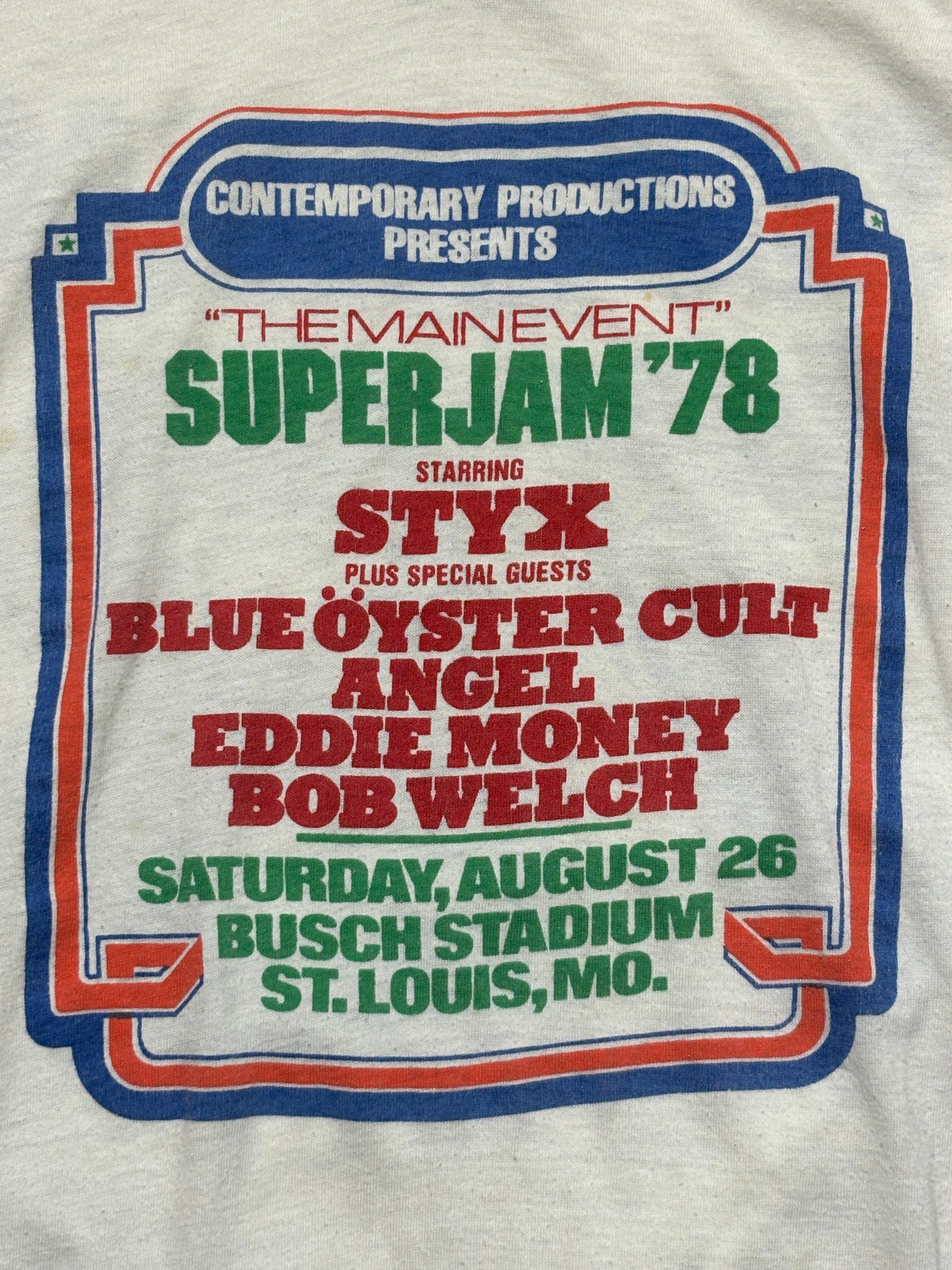 1978 Vintage White/Blue Super Jam Styx Ringer T-Shirt - XS