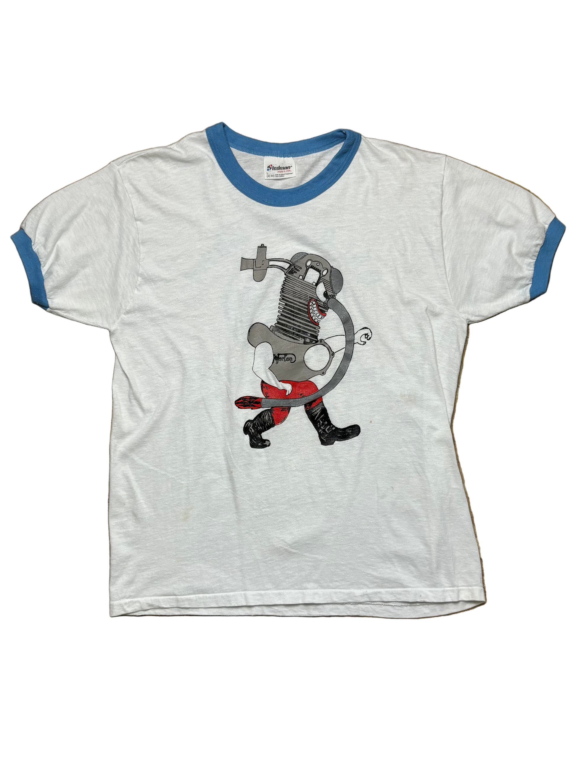 1980's Vintage White/Baby Blue Norton Motorhead HTX Ringer T-Shirt - SML