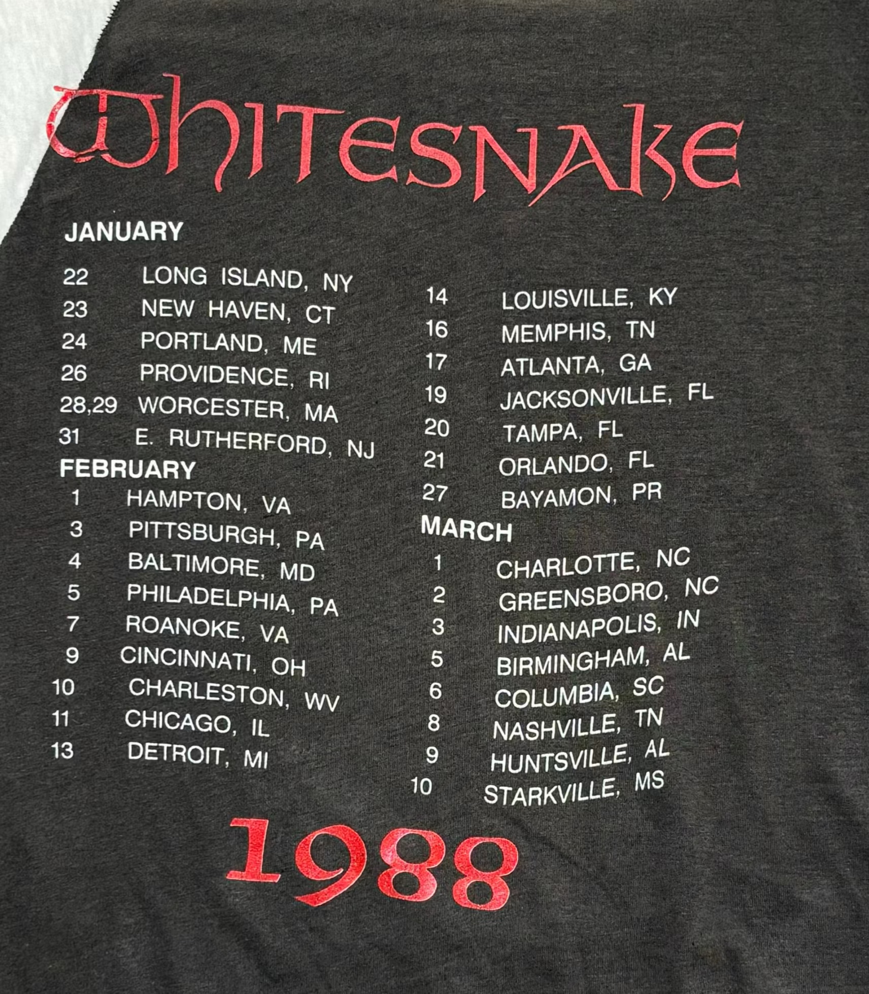 1988 Vintage White/Grey Whitesnake Tour Raglan T-Shirt - MED