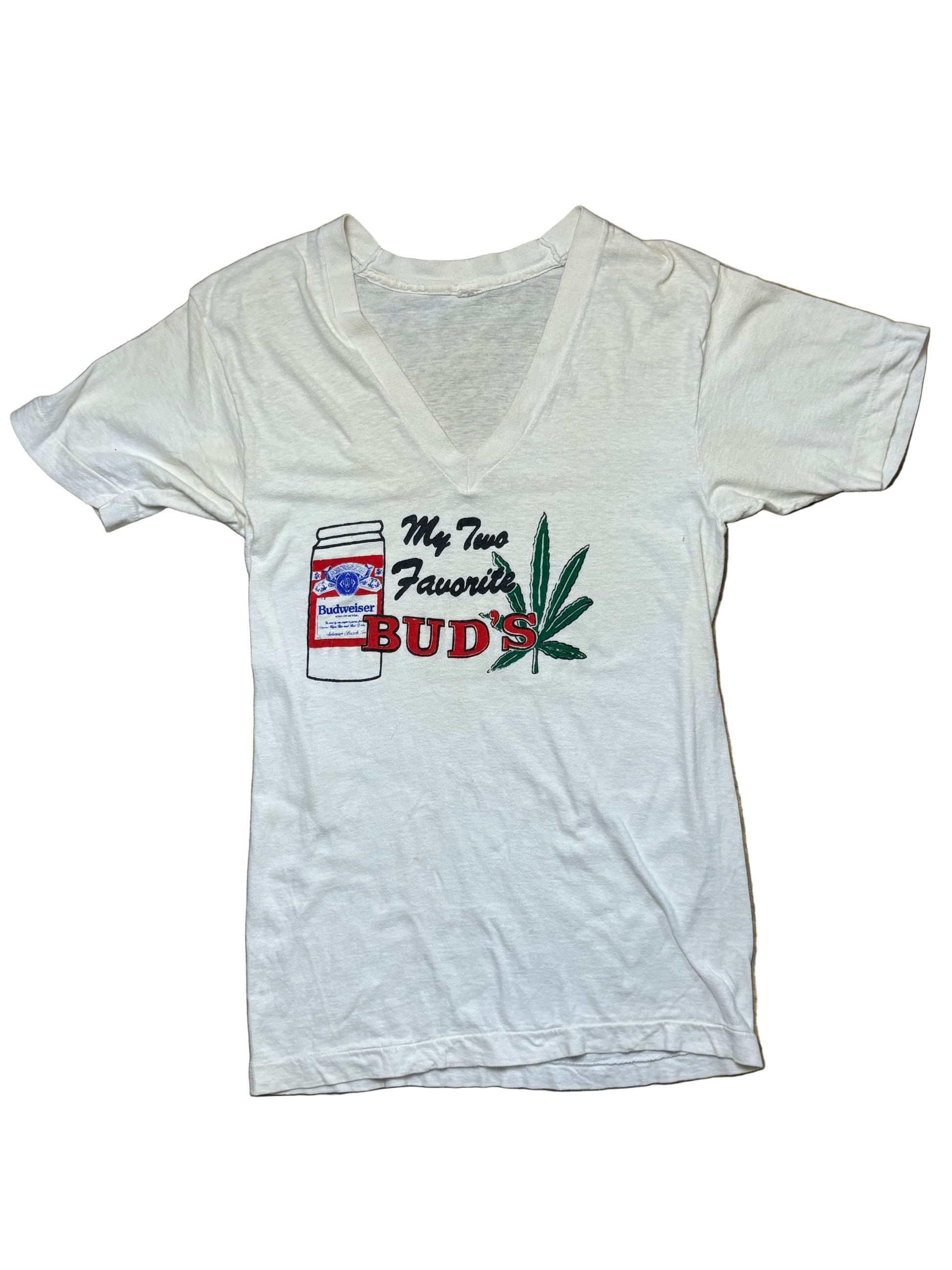 1970s Vintage White "My Two Favorite Buds" V-Neck T-Shirt - XS