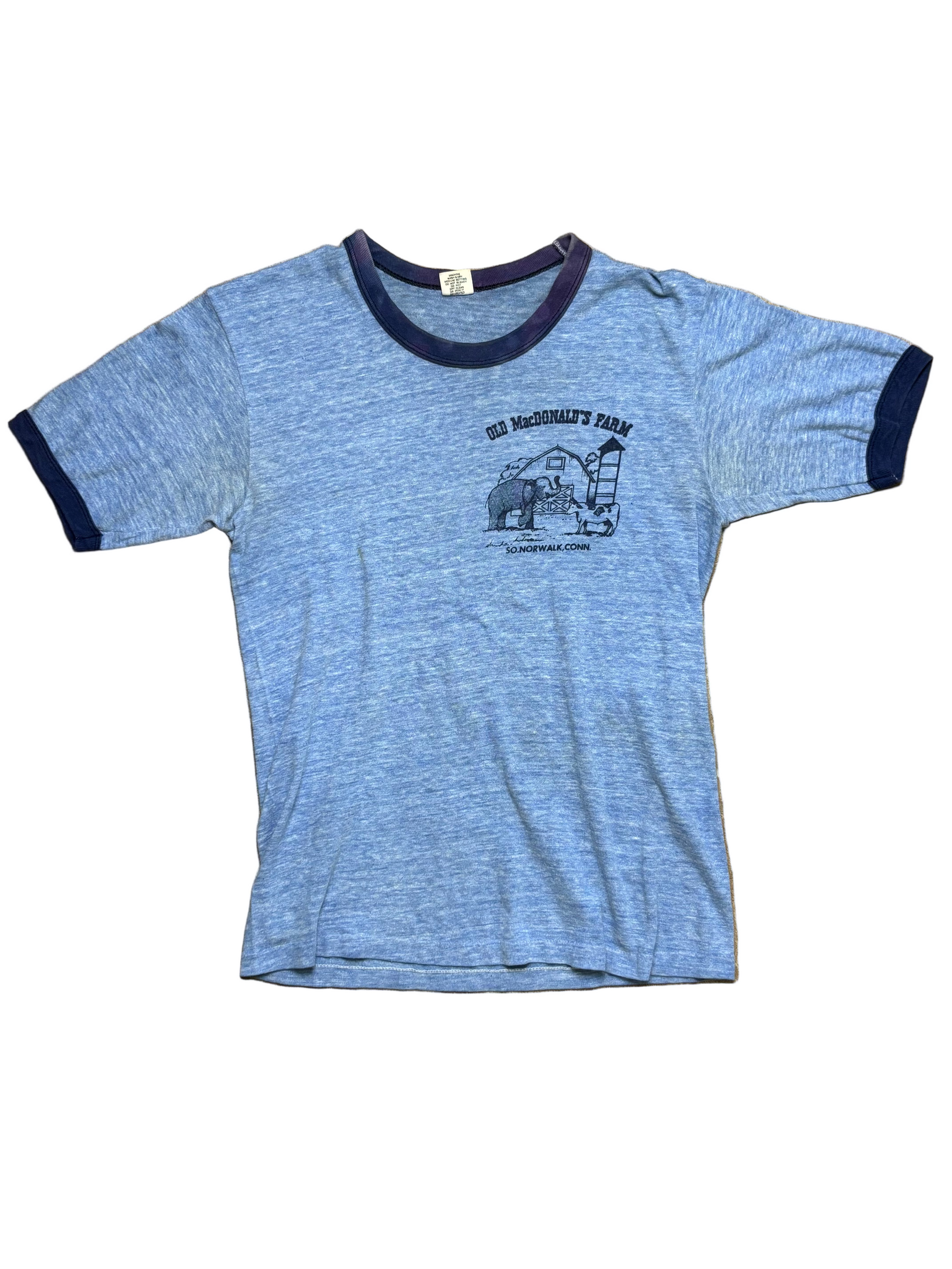 1980s Vintage Blue Old MacDonalds Norwalk Connecticut Ringer T-Shirt - XS