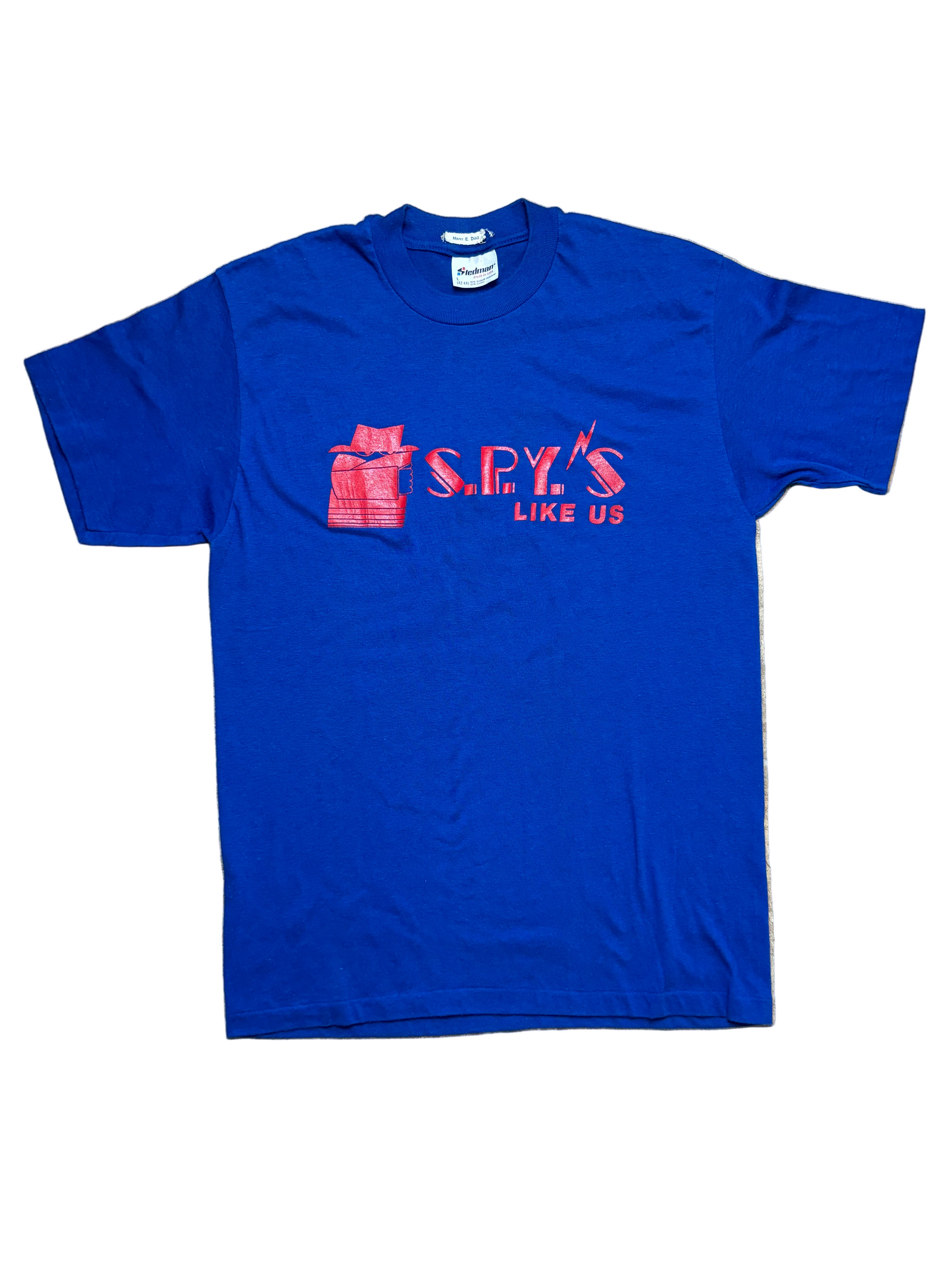 1980s Vintage Blue S.P.Y.S Likes Us T-Shirt - SML