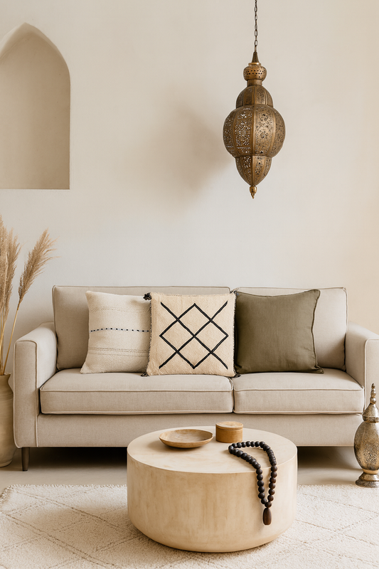 Moroccan Beige Wool Pillowcase w/Black Diamond Pattern 1.5' x 1.42'