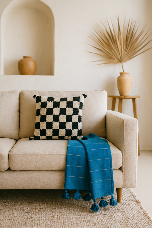 Moroccan Shag Wool Beige & White Checkered Pillowcase 1.67' x 1.58'