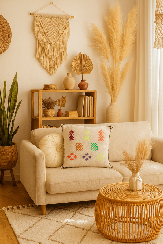 Moroccan Beige Wool Pillowcase w/Neon Colored Accents 1.71' x 1.75'