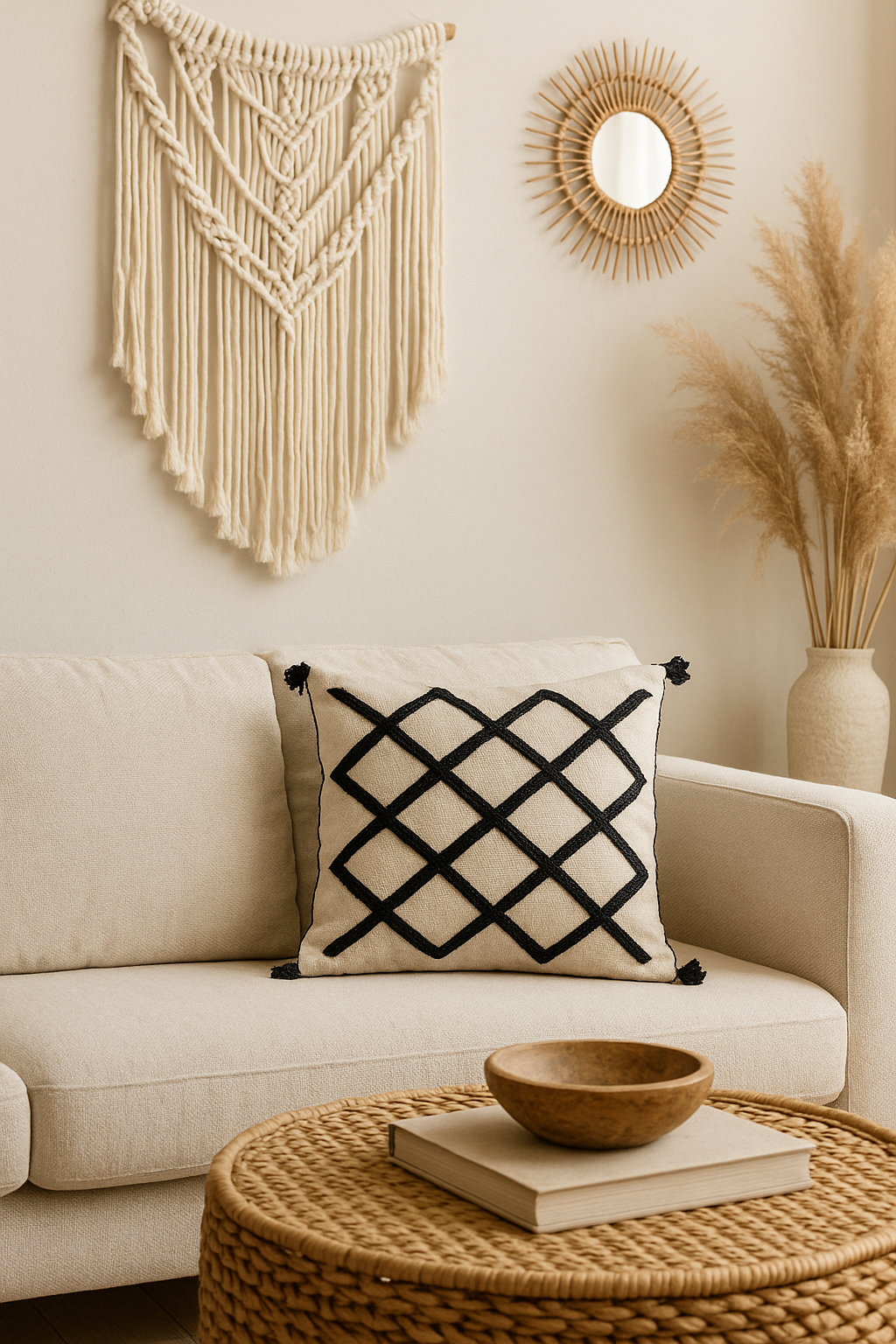 Moroccan Beige Wool Pillowcase w/Black Diamond Pattern 1.6' x 1.75'