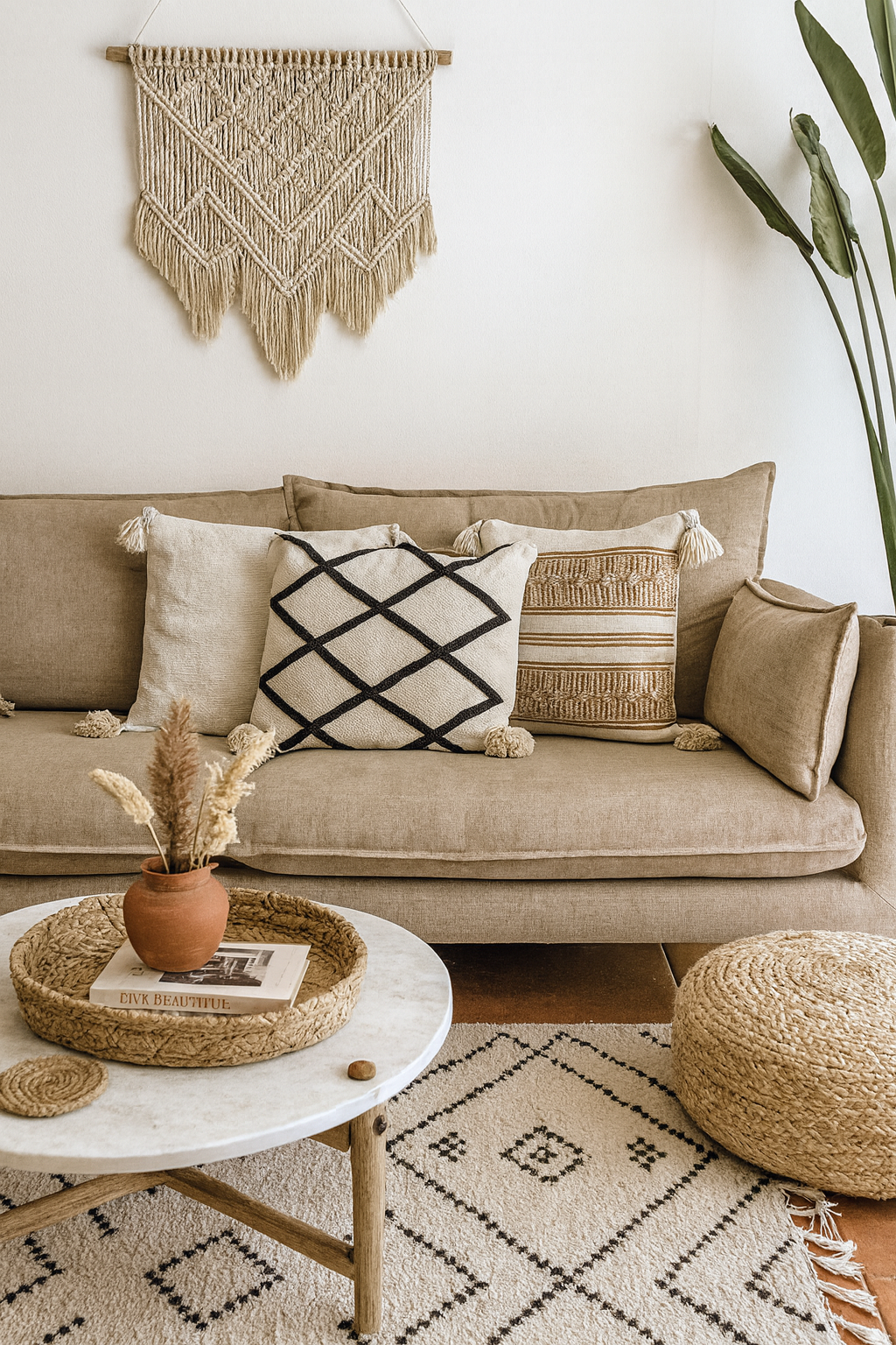 Moroccan Beige Wool Tassel Pillowcase w/Small Diamond Pattern 1.42' x 1.17'