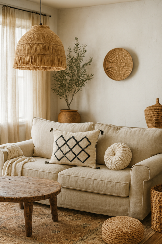 Moroccan Beige Wool Pillowcase w/Black Diamond Pattern 1.79' x 1.46'