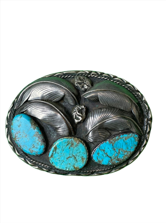 Vintage Candelaria Turquoise & Leaf Silver Buckle