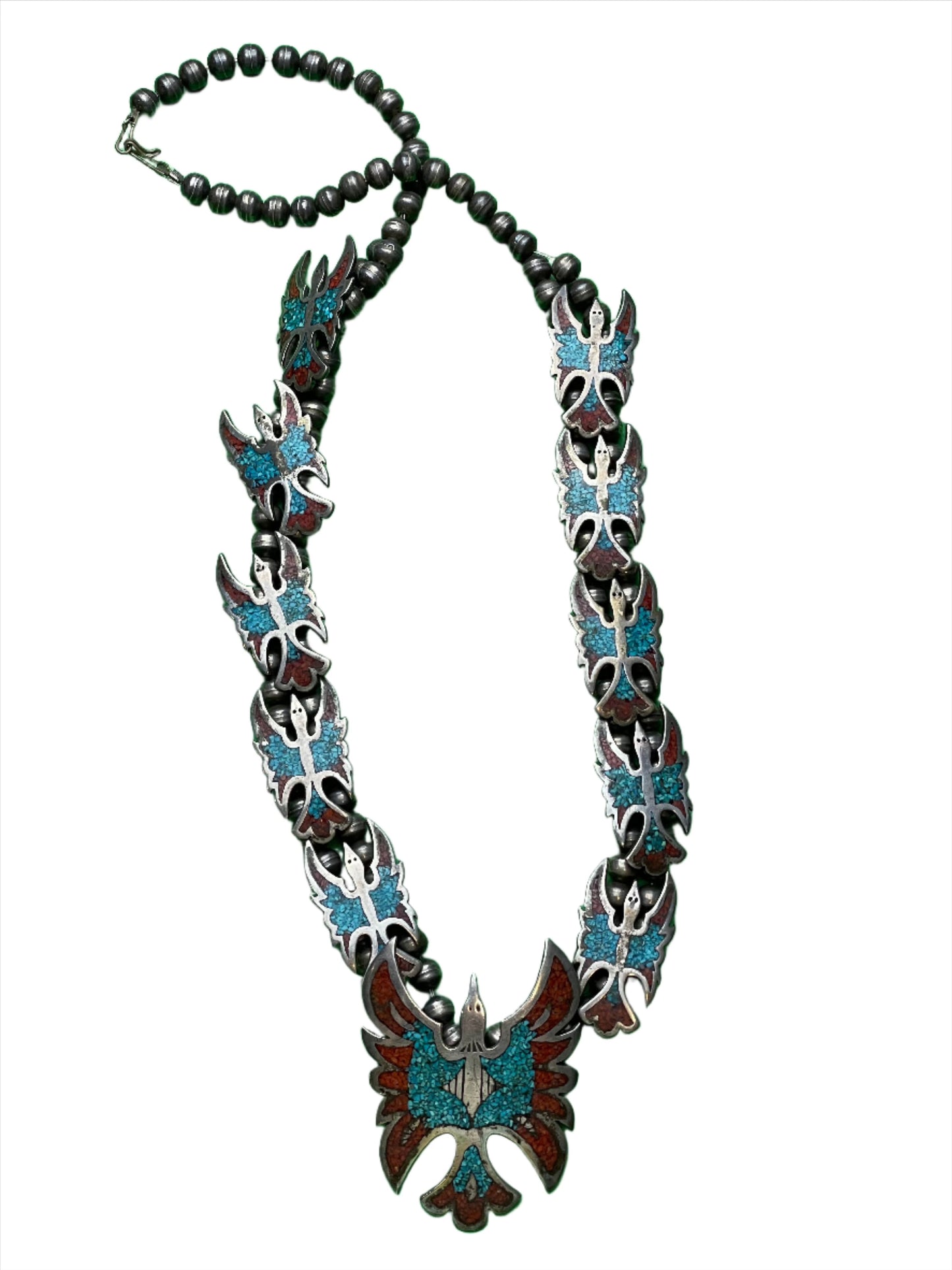 Vintage Thunderbird Squash Blossom w/Turquoise & Coral Inlay Necklace