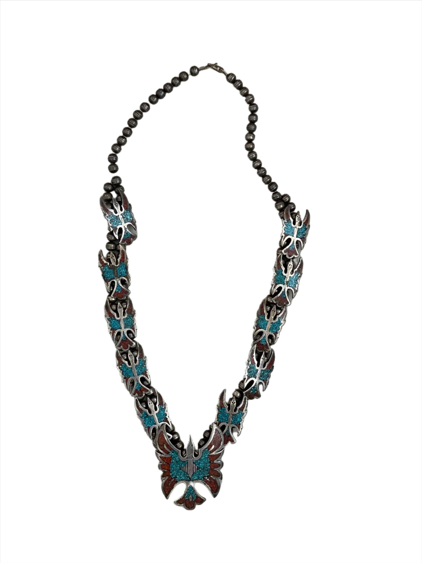 Vintage Thunderbird Squash Blossom w/Turquoise & Coral Inlay Necklace