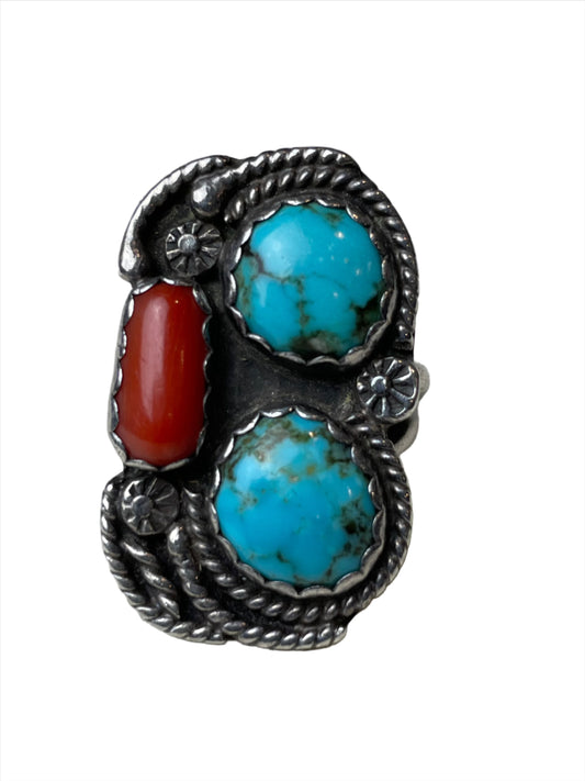 Vtg Navajo Coral & Double Turquoise Ring w Rope Bezel Sz 7