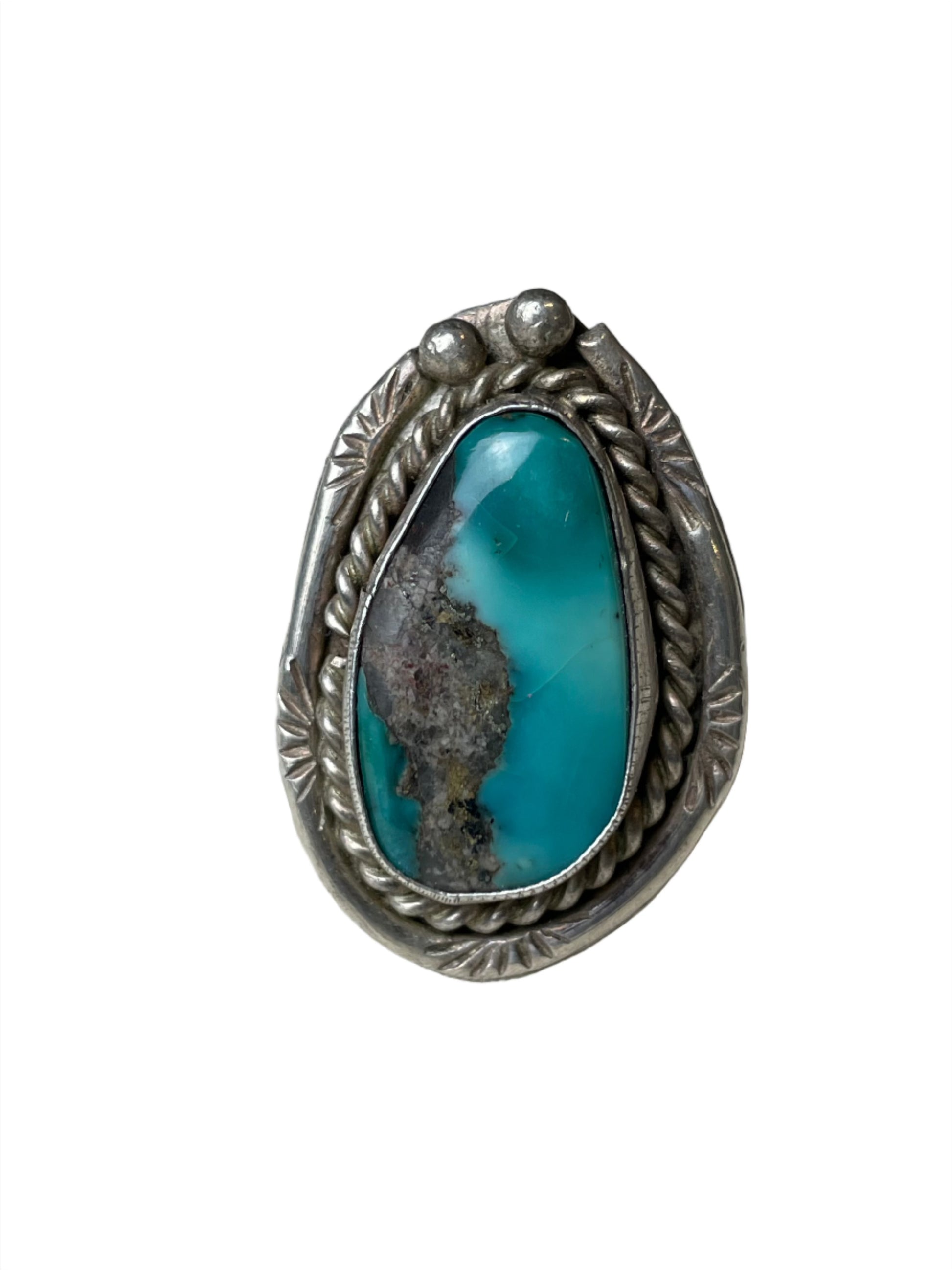 Vintage Bisbee Turquoise w Braided Bezel Sterling Ring Sz 8 1/4