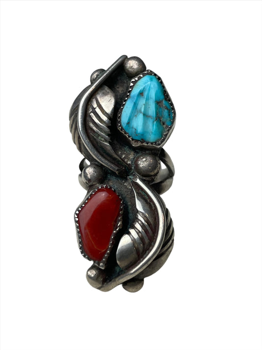 Vtg Turquoise & Coral Ying Yang Sterling Double Leaf Ring Sz 5 1/4