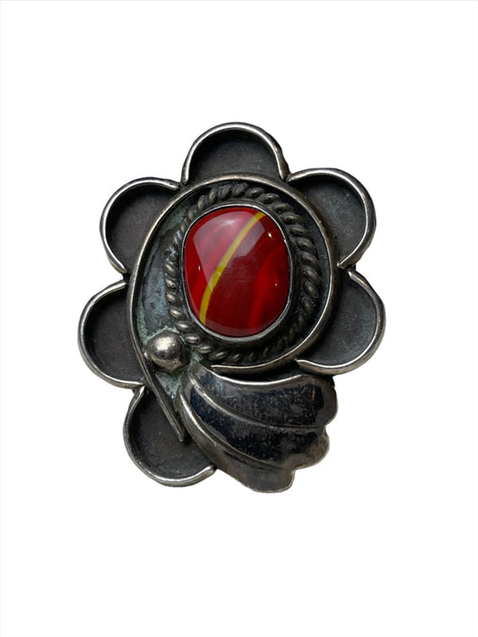 Vtg Red Jasper w Floral Bezel Sterling Ring Sz 6 3/4