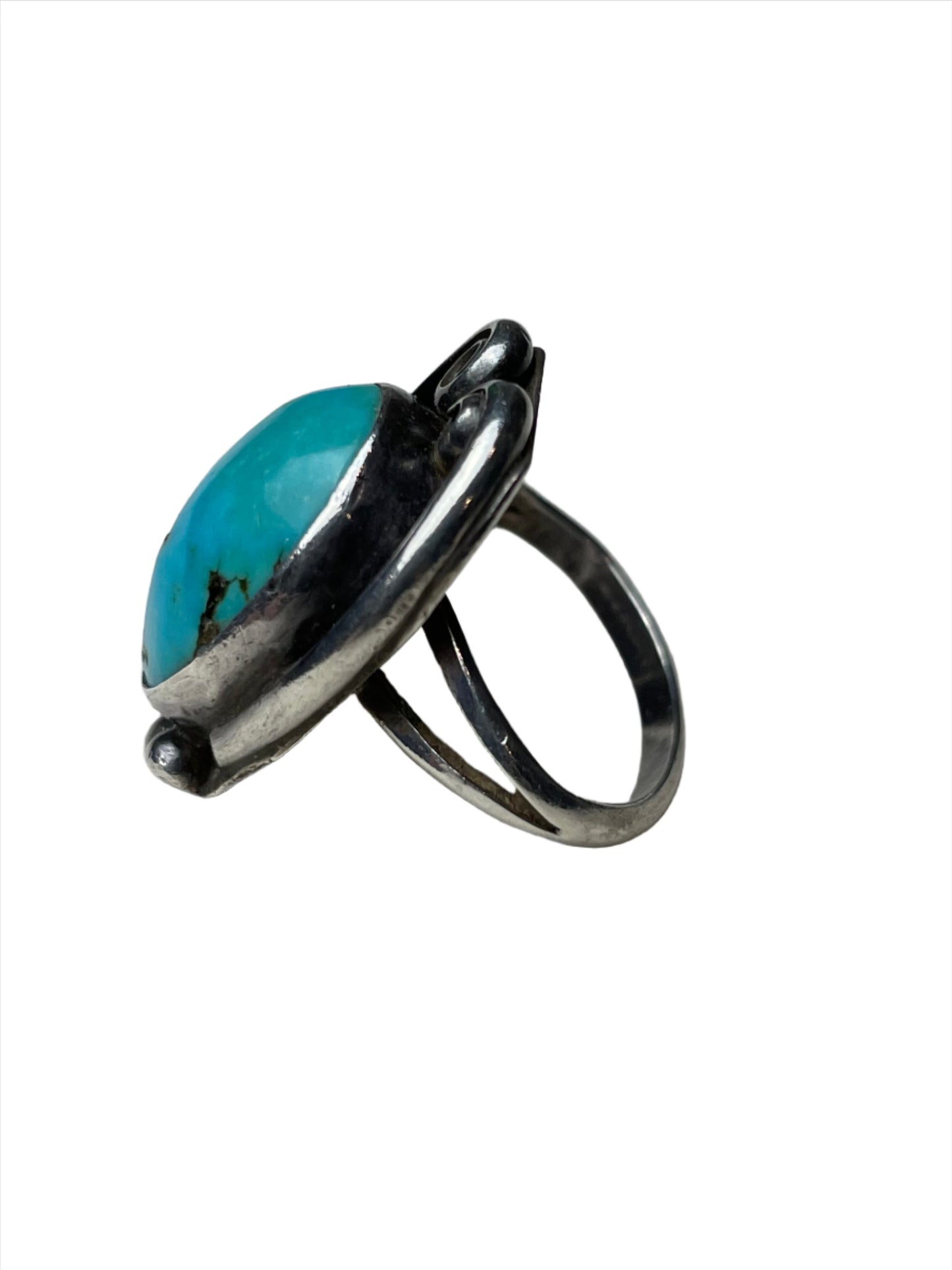 Vtg Oval Kingman Turquoise Ring w Sterling Leaf Sz 6 1/2