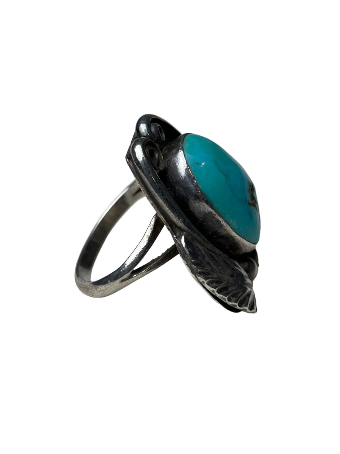 Vtg Oval Kingman Turquoise Ring w Sterling Leaf Sz 6 1/2