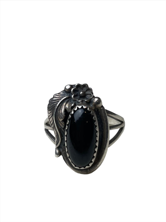 Vtg Navajo Black Onyx Sterling Ring Sz 8 3/4