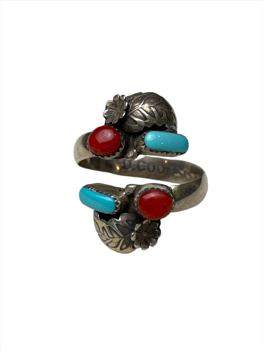 Vintage Adjustable Turquoise & Coral Signed Wrap Ring