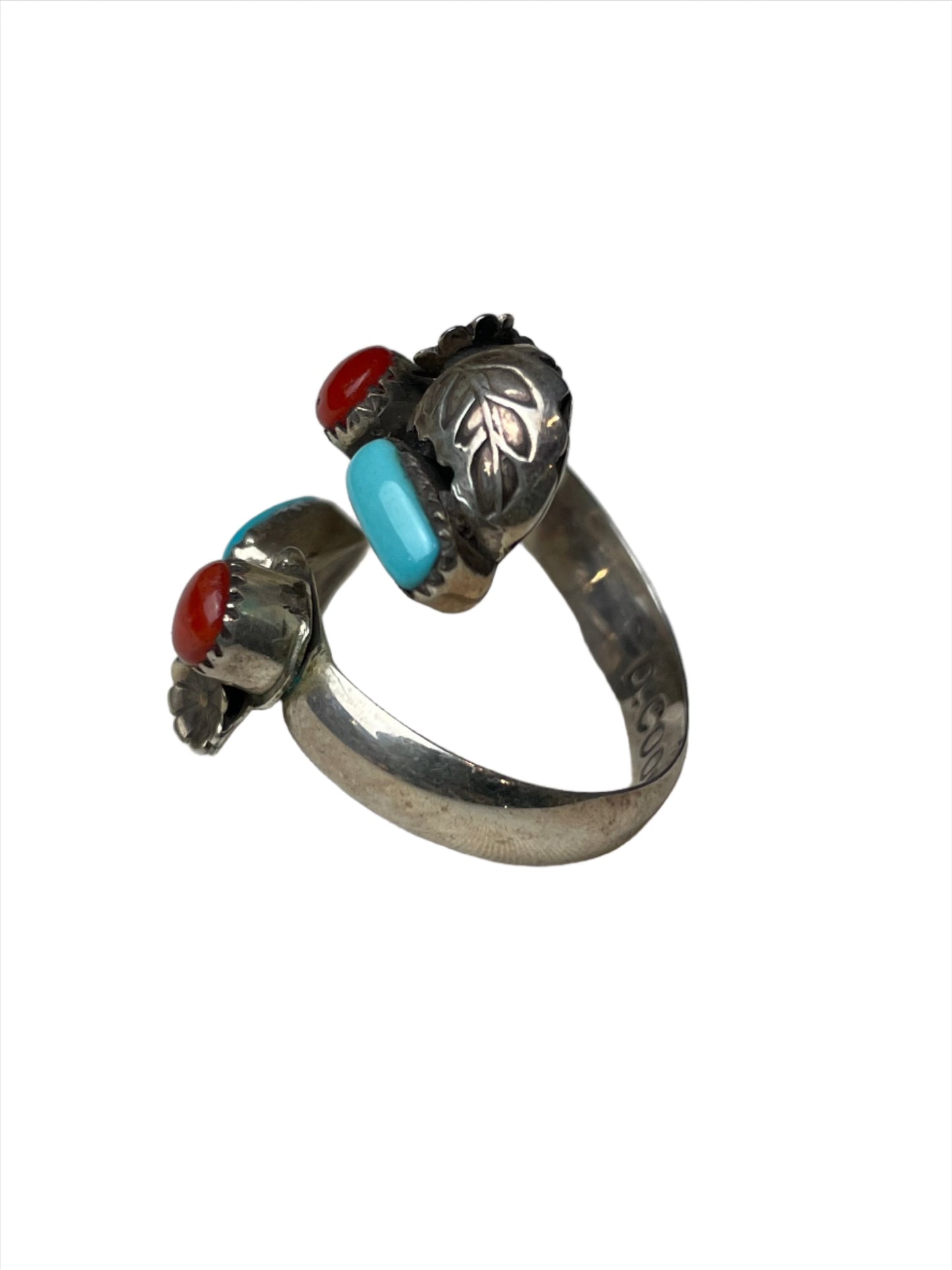 Vintage Adjustable Turquoise & Coral Signed Wrap Ring