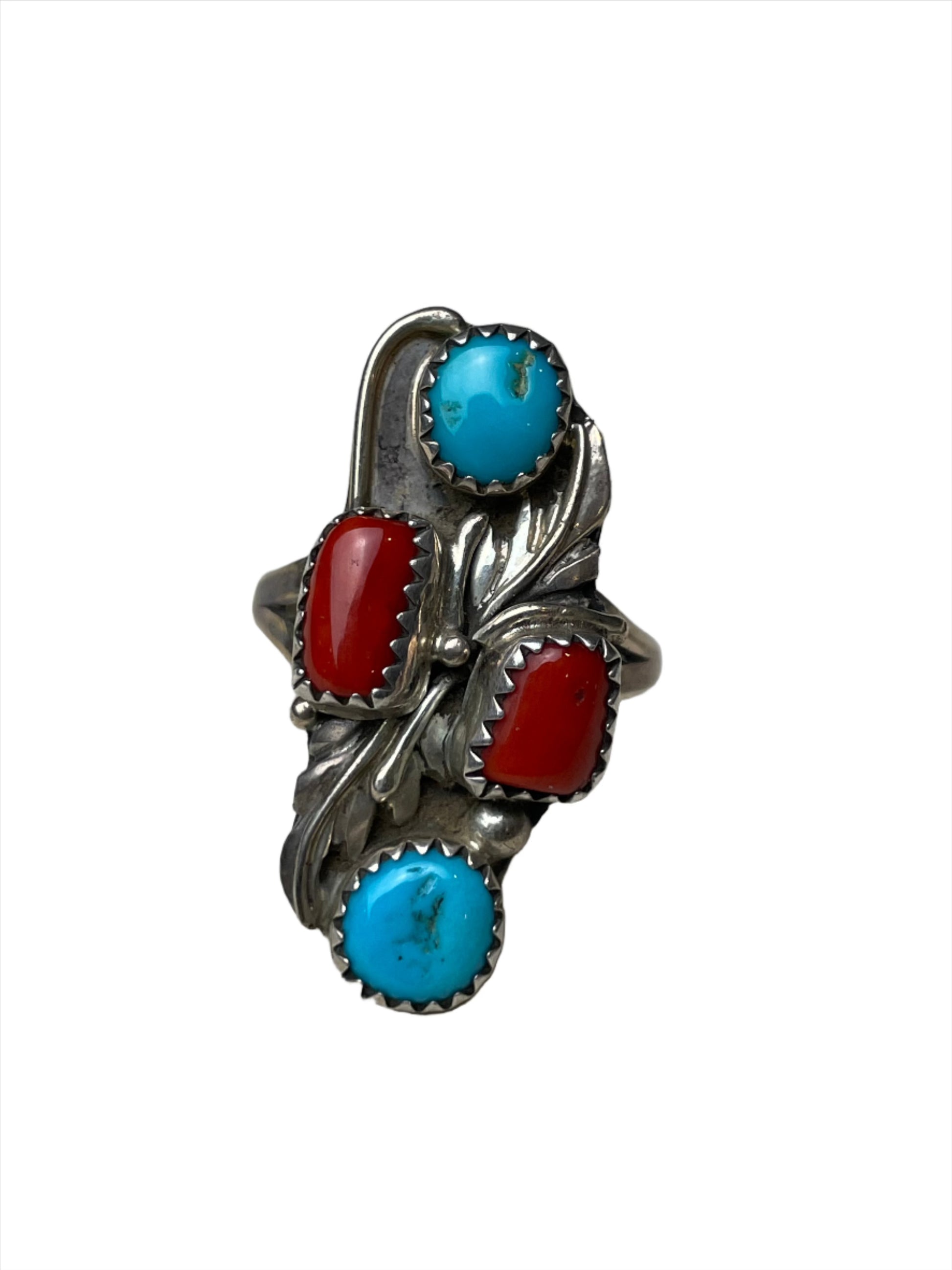 Vintage Double Turquoise & Coral Sterling Ring Sz 8 1/2